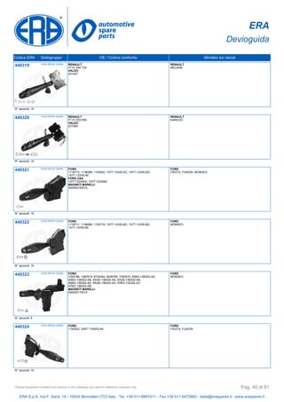 ERA
Devioguida
Codice ERA Sottogruppo OE / Codice confronto Montato sui veicoli
440319 LEVA DEVIO GUIDA RENAULT
77 01 040 730
VALEO
251437
RENAULT
MEGANE
N° raccordi: 15
440320 LEVA DEVIO GUIDA RENAULT
77 01 053 058
VALEO
251565
RENAULT
KANGOO
N° raccordi: 15
440321 LEVA DEVIO GUIDA FORD
1116710, 1138088, 1142542, 1S7T-13335-AC, 1S7T-13335-AD,
1S7T-13335-AE
FORD USA
1S7T13335AD, 1S7T13335AE
MAGNETI MARELLI
000050150010
FORD
FIESTA, FUSION, MONDEO
N° raccordi: 10
440322 LEVA DEVIO GUIDA FORD
1116711, 1138089, 1150716, 1S7T-13335-BC, 1S7T-13335-BD,
1S7T-13335-BE
FORD
MONDEO
N° raccordi: 10
440323 LEVA DEVIO GUIDA FORD
1025186, 1087819, 6734044, 6938765, 7352570, 93BG-13B302-AA,
93BG-13B302-AB, 93GB-13B302-AA, 93GB-13B302-AB,
95BG-13B302-AA, 95GB-13B302-AA, 97BG-132302-AC,
97BG-13B302-AB
MAGNETI MARELLI
000050170010
FORD
MONDEO
N° raccordi: 9
440324 LEVA DEVIO GUIDA FORD
1140522, 2S6T-17A553-AA
FORD
FIESTA, FUSION
N° raccordi: 10
ERA S.p.A. Via F. Santi, 15 - 10024 Moncalieri (TO) Italy - Tel. +39 011.6891511 - Fax +39 011.6472862 - italia@eraspares.it - www.eraspares.it
Original equipment numbers and pictures in this catalogue are used for reference purposes only. Pag. 40 di 81
 