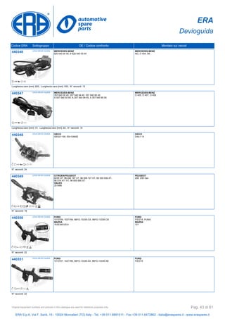 ERA
Devioguida
Codice ERA Sottogruppo OE / Codice confronto Montato sui veicoli
440346 LEVA DEVIO GUIDA MERCEDES-BENZ
620 540 00 45, A 620 540 00 45
MERCEDES-BENZ
NG, O 404, SK
Lunghezza cavo [mm]: 820, Lunghezza cavo [mm]: 930, N° raccordi: 15
440347 LEVA DEVIO GUIDA MERCEDES-BENZ
357 540 00 45, 357 540 94 45, 357 540 95 45,
A 357 540 00 45, A 357 540 94 45, A 357 540 95 45
MERCEDES-BENZ
O 405, O 407, O 408
Lunghezza cavo [mm]: 51, Lunghezza cavo [mm]: 62, N° raccordi: 15
440348 LEVA DEVIO GUIDA IVECO
500321199, 504108682
IVECO
DAILY III
N° raccordi: 24
440349 LEVA DEVIO GUIDA CITROEN/PEUGEOT
6239 CP, 96 492 197 XT, 96 509 727 XT, 96 530 936 XT,
96 574 417 XT, 96 605 690 XT
VALEO
251498
PEUGEOT
206, 206 Van
N° raccordi: 18
440350 LEVA DEVIO GUIDA FORD
1013709, 1021784, 96FG-13335-CA, 96FG-13335-CB
MAZDA
1E00-66120-A
FORD
FIESTA, PUMA
MAZDA
121
N° raccordi: 22
440351 LEVA DEVIO GUIDA FORD
1013707, 1021785, 96FG-13335-AA, 96FG-13335-AB
FORD
FIESTA
N° raccordi: 22
ERA S.p.A. Via F. Santi, 15 - 10024 Moncalieri (TO) Italy - Tel. +39 011.6891511 - Fax +39 011.6472862 - italia@eraspares.it - www.eraspares.it
Original equipment numbers and pictures in this catalogue are used for reference purposes only. Pag. 43 di 81
 