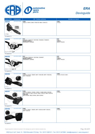 ERA
Devioguida
Codice ERA Sottogruppo OE / Codice confronto Montato sui veicoli
440352 LEVA DEVIO GUIDA FORD
1062213, 1097541, 98AG-17A553-CB, 98AG-17A553-CC
FORD
FOCUS
N° raccordi: 10
440354 LEVA DEVIO GUIDA FIAT
735361937, 735367418, 735373095, 735400933, 735488019
MAGNETI MARELLI
000050068010, DA50068
FIAT
IDEA
LANCIA
MUSA, YPSILON
N° raccordi: 32
440355 LEVA DEVIO GUIDA FIAT
735361945, 735367423, 735373094, 735400937
MAGNETI MARELLI
000050069010, DA50069
FIAT
IDEA
LANCIA
MUSA, YPSILON
N° raccordi: 44
440356 LEVA DEVIO GUIDA FORD
1318148, 1341302, 1350067, 4M5T-17A553-BB, 4M5T-17A553-BC,
4M5T-17A553-BD
FORD
FOCUS, FOCUS C-MAX
N° raccordi: 12
440357 LEVA DEVIO GUIDA FORD
1062193, 1064340, 1102236, 1138232, 1145990, 98AG-13335-AB,
98AG-13335-AC, 98AG-13335-AE, 98AG-13335-AF, 98AG-13335-AG
FORD USA
98AG13335AC, 98AG13335AE, 98AG13335AG
FORD
FOCUS
N° raccordi: 10
440358 LEVA DEVIO GUIDA FORD
1318144, 1350051, 1362587, 4M5T-13335-AB, 4M5T-13335-AC,
4M5T-13335-AD
FORD
FOCUS
N° raccordi: 5
ERA S.p.A. Via F. Santi, 15 - 10024 Moncalieri (TO) Italy - Tel. +39 011.6891511 - Fax +39 011.6472862 - italia@eraspares.it - www.eraspares.it
Original equipment numbers and pictures in this catalogue are used for reference purposes only. Pag. 44 di 81
 