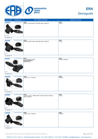 ERA
Devioguida
Codice ERA Sottogruppo OE / Codice confronto Montato sui veicoli
440359 LEVA DEVIO GUIDA FORD
1062218, 1097542, 98AG-17A553-DB, 98AG-17A553-DC
FORD
FOCUS
N° raccordi: 10
440360 LEVA DEVIO GUIDA FORD
1062209, 1097539, 98AG-17A553-BB, 98AG-17A553-BC
FORD
FOCUS
N° raccordi: 10
440361 LEVA DEVIO GUIDA FORD
2T1T-13335-AB, 4373026
MAGNETI MARELLI
000050159010
FORD
TRANSIT CONNECT
N° raccordi: 10
440363 LEVA DEVIO GUIDA FORD
4053328, YC1T-17A553-AC
FORD
TRANSIT
N° raccordi: 10
440364 LEVA DEVIO GUIDA FORD
1318146, 1341301, 1350066, 4M5T-17A553-AB, 4M5T-17A553-AC,
4M5T-17A553-AD
FORD
FOCUS
N° raccordi: 11
440365 LEVA DEVIO GUIDA FORD
1255387, 3S7T-17A553-CA
FORD
MONDEO
N° raccordi: 10
ERA S.p.A. Via F. Santi, 15 - 10024 Moncalieri (TO) Italy - Tel. +39 011.6891511 - Fax +39 011.6472862 - italia@eraspares.it - www.eraspares.it
Original equipment numbers and pictures in this catalogue are used for reference purposes only. Pag. 45 di 81
 
