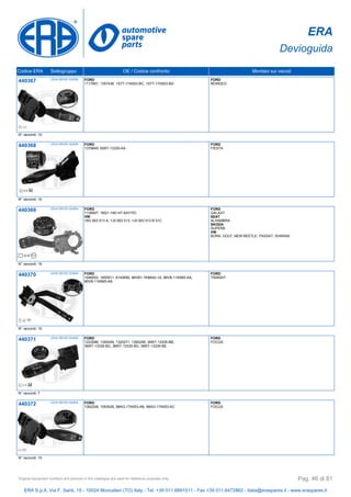 ERA
Devioguida
Codice ERA Sottogruppo OE / Codice confronto Montato sui veicoli
440367 LEVA DEVIO GUIDA FORD
1117691, 1357436, 1S7T-17A553-BC, 1S7T-17A553-BD
FORD
MONDEO
N° raccordi: 10
440368 LEVA DEVIO GUIDA FORD
1379849, 6S6T-13335-AA
FORD
FIESTA
N° raccordi: 10
440369 LEVA DEVIO GUIDA FORD
1136907, 1M21-14K147-AAYYEI
VW
18G 953 513 A, 1J0 953 513, 1J0 953 513 B 01C
FORD
GALAXY
SEAT
ALHAMBRA
SKODA
SUPERB
VW
BORA, GOLF, NEW BEETLE, PASSAT, SHARAN
N° raccordi: 16
440370 LEVA DEVIO GUIDA FORD
1646002, 1655911, 6140695, 86VB1-1K665A-1A, 86VB-11K665-AA,
86VB-11K665-AB
FORD
TRANSIT
N° raccordi: 10
440371 LEVA DEVIO GUIDA FORD
1223096, 1300455, 1320271, 1365258, 3M5T-13335-BB,
3M5T-13335-BC, 3M5T-13335-BD, 3M5T-13335-BE
FORD
FOCUS
N° raccordi: 7
440372 LEVA DEVIO GUIDA FORD
1062208, 1093426, 98AG-17A553-AB, 98AG-17A553-AC
FORD
FOCUS
N° raccordi: 10
ERA S.p.A. Via F. Santi, 15 - 10024 Moncalieri (TO) Italy - Tel. +39 011.6891511 - Fax +39 011.6472862 - italia@eraspares.it - www.eraspares.it
Original equipment numbers and pictures in this catalogue are used for reference purposes only. Pag. 46 di 81
 