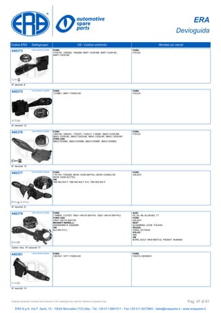 ERA
Devioguida
Codice ERA Sottogruppo OE / Codice confronto Montato sui veicoli
440373 LEVA DEVIO GUIDA FORD
1318145, 1350052, 1362588, 4M5T-13335-BB, 4M5T-13335-BC,
4M5T-13335-BD
FORD
FOCUS
N° raccordi: 8
440375 LEVA DEVIO GUIDA FORD
1318861, 3M5T-17A553-AD
FORD
FOCUS
N° raccordi: 12
440376 LEVA DEVIO GUIDA FORD
1062194, 1064341, 1102237, 1145213, 1145991, 98AG-13335-BB,
98AG-13335-BC, 98AG-13335-BE, 98AG-13335-BF, 98AG-13335-BG
FORD USA
98AG13335BC, 98AG13335BE, 98AG13335BF, 98AG13335BG
FORD
FOCUS
N° raccordi: 10
440377 LEVA DEVIO GUIDA FORD
1101191, 7353299, 95VW 13335 ABYYEJ, 95VW-13335A-CW,
95VW 13335 ACYYEJ
VW
7M0 953 503 F, 7M0 953 503 F 01C, 7M0 953 503 P
FORD
GALAXY
N° raccordi: 21
440379 LEVA DEVIO GUIDA FORD
1108820, 1121527, YM21-14K147-BAYYEI, YM21-14K147-BAYYEJ
FORD USA
YM21-14K147-BAYYEI
MAGNETI MARELLI
000050099010, DA50099
VW
8L0 953 513 J
AUDI
A2, A3, A6, ALLROAD, TT
FORD
GALAXY
SEAT
ALHAMBRA, LEON, TOLEDO
SKODA
FABIA, OCTAVIA
VOLVO
S80
VW
BORA, GOLF, NEW BEETLE, PASSAT, SHARAN
Colore: nero, N° raccordi: 17
440381 LEVA DEVIO GUIDA FORD
1357437, 1S7T-17A553-DD
FORD
FIESTA, MONDEO
N° raccordi: 10
ERA S.p.A. Via F. Santi, 15 - 10024 Moncalieri (TO) Italy - Tel. +39 011.6891511 - Fax +39 011.6472862 - italia@eraspares.it - www.eraspares.it
Original equipment numbers and pictures in this catalogue are used for reference purposes only. Pag. 47 di 81
 