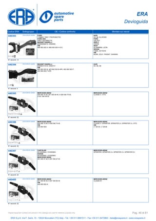 ERA
Devioguida
Codice ERA Sottogruppo OE / Codice confronto Montato sui veicoli
440393 LEVA DEVIO GUIDA FORD
1108822, YM21-17K478-BAYYEI
FORD USA
YM2117K478BAYYE
MAGNETI MARELLI
000050092010, DA50092
VW
4B0 953 503 H, 4B0 953 503 H 01C
AUDI
A3, A6, ALLROAD
FORD
GALAXY
GEELY
VISION
SEAT
ALHAMBRA, LEON
SKODA
FABIA, OCTAVIA
VW
BORA, GOLF, PASSAT, SHARAN
N° raccordi: 14
440394 LEVA DEVIO GUIDA MAGNETI MARELLI
000050141010, DA50141
VW
4E0 953 503 B, 4E0 953 503 B 4PK, 4E0 953 503 F,
4E0 953 503 F 4PK
AUDI
A4, A6, A8
N° raccordi: 5
440395 LEVA DEVIO GUIDA MERCEDES-BENZ
000 540 75 45, 001 540 49 45, A 000 540 75 45,
A 001 540 49 45
MERCEDES-BENZ
CLASSE V, VITO
N° raccordi: 22
440396 LEVA DEVIO GUIDA MERCEDES-BENZ
000 540 74 45, A 000 540 74 45
VW
2D0 953 503
MERCEDES-BENZ
CLASSE V, SPRINTER, SPRINTER 2-t, SPRINTER 3-t, VITO
VW
LT 28-35, LT 28-46
N° raccordi: 22
440397 LEVA DEVIO GUIDA CHRYSLER
05103539AC, 5103539AC
DODGE
05103539AC, 5103539AC
MERCEDES-BENZ
001 540 47 45, A 001 540 47 45
MERCEDES-BENZ
SPRINTER, SPRINTER 2-t, SPRINTER 3-t, SPRINTER 5-t
N° raccordi: 22
440400 LEVA DEVIO GUIDA MERCEDES-BENZ
001 540 65 45, A 001 540 65 45
VW
2D0 953 503 A
MERCEDES-BENZ
CLASSE M
N° raccordi: 22
ERA S.p.A. Via F. Santi, 15 - 10024 Moncalieri (TO) Italy - Tel. +39 011.6891511 - Fax +39 011.6472862 - italia@eraspares.it - www.eraspares.it
Original equipment numbers and pictures in this catalogue are used for reference purposes only. Pag. 49 di 81
 