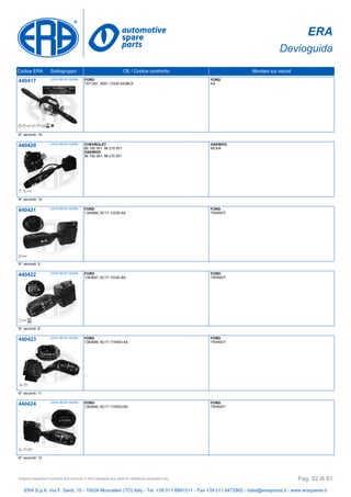 ERA
Devioguida
Codice ERA Sottogruppo OE / Codice confronto Montato sui veicoli
440417 LEVA DEVIO GUIDA FORD
1571381, 9S51 13335 AA38C5
FORD
KA
N° raccordi: 16
440420 LEVA DEVIO GUIDA CHEVROLET
96 192 061, 96 215 551
DAEWOO
96 192 061, 96 215 551
DAEWOO
NEXIA
N° raccordi: 10
440421 LEVA DEVIO GUIDA FORD
1383686, 6C1T-13335-AA
FORD
TRANSIT
N° raccordi: 5
440422 LEVA DEVIO GUIDA FORD
1383687, 6C1T-13335-BA
FORD
TRANSIT
N° raccordi: 8
440423 LEVA DEVIO GUIDA FORD
1383689, 6C1T-17A553-AA
FORD
TRANSIT
N° raccordi: 11
440424 LEVA DEVIO GUIDA FORD
1383690, 6C1T-17A553-BA
FORD
TRANSIT
N° raccordi: 12
ERA S.p.A. Via F. Santi, 15 - 10024 Moncalieri (TO) Italy - Tel. +39 011.6891511 - Fax +39 011.6472862 - italia@eraspares.it - www.eraspares.it
Original equipment numbers and pictures in this catalogue are used for reference purposes only. Pag. 52 di 81
 