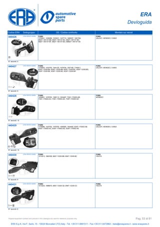 ERA
Devioguida
Codice ERA Sottogruppo OE / Codice confronto Montato sui veicoli
440426 LEVA DEVIO GUIDA FORD
1379241, 1430089, 1433031, 1437710, 1460037, 1481784,
6M2T-14K147-BB, 6M2T-14K147-BC, 6M2T-14K147-BD,
6M2T-14K147-BF, 6M2T-14K147-BG, M8M2T-14K147-AA
FORD
GALAXY, MONDEO, S-MAX
N° raccordi: 5
440427 LEVA DEVIO GUIDA FORD
1378953, 1433750, 1444125, 1479754, 1507180, 1740611,
6G9T-13335-BA, 6G9T-13335-BB, 6G9T-13335-BC, 6G9T-13335-BD,
6G9T-13335-BE, 6G9T-13335-BG, 6G9T-13335-BH
FORD
GALAXY, MONDEO, S-MAX
N° raccordi: 9
440428 LEVA DEVIO GUIDA FORD
1459651, 1479763, 1508113, 1834497, 7G91-17A553-AB,
7G91-17A553-AC, 7G91-17A553-AD, 7G9T-17A553-AD
FORD
MONDEO
N° raccordi: 10
440429 LEVA DEVIO GUIDA FORD
1378986, 1433752, 1479755, 1508265, 1834492, 6G9T-17A553-AB,
6G9T-17A553-AC, 6G9T-17A553-AD, 6G9T-17A553-AE
FORD
GALAXY, MONDEO, S-MAX
N° raccordi: 10
440430 LEVA DEVIO GUIDA FORD
1513013, 1682336, 8A6T-13335-BB, 8A6T-13335-BC
FORD
FIESTA
N° raccordi: 8
440431 LEVA DEVIO GUIDA FORD
1513033, 1686675, 8A6T-13335-CB, 8A6T-13335-CC
FORD
FIESTA
N° raccordi: 8
ERA S.p.A. Via F. Santi, 15 - 10024 Moncalieri (TO) Italy - Tel. +39 011.6891511 - Fax +39 011.6472862 - italia@eraspares.it - www.eraspares.it
Original equipment numbers and pictures in this catalogue are used for reference purposes only. Pag. 53 di 81
 