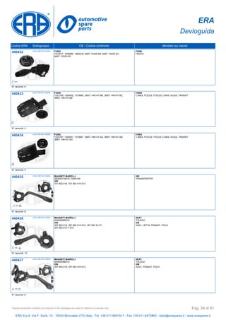 ERA
Devioguida
Codice ERA Sottogruppo OE / Codice confronto Montato sui veicoli
440432 LEVA DEVIO GUIDA FORD
1513017, 1546580, 1682218, 8A6T-13335-AB, 8A6T-13335-AC,
8A6T-13335-AD
FORD
FIESTA
N° raccordi: 8
440433 LEVA DEVIO GUIDA FORD
1223168, 1300452, 1318965, 3M5T-14K147-BB, 3M5T-14K147-BC,
3M5T-14K147-BE
FORD
C-MAX, FOCUS, FOCUS C-MAX, KUGA, TRANSIT
N° raccordi: 3
440434 LEVA DEVIO GUIDA FORD
1223167, 1300451, 1318961, 3M5T-14K147-AA, 3M5T-14K147-AB,
3M5T-14K147-AD
FORD
C-MAX, FOCUS, FOCUS C-MAX, KUGA, TRANSIT
N° raccordi: 3
440435 LEVA DEVIO GUIDA MAGNETI MARELLI
000050104010, DA50104
VW
701 953 519, 701 953 519 01C
VW
TRANSPORTER
N° raccordi: 8
440436 LEVA DEVIO GUIDA MAGNETI MARELLI
000050085010
VW
357 953 513, 357 953 513 01C, 357 953 513 F,
357 953 513 F 01C
SEAT
TOLEDO
VW
GOLF, JETTA, PASSAT, POLO
N° raccordi: 13
440437 LEVA DEVIO GUIDA MAGNETI MARELLI
000050086010
VW
357 953 519, 357 953 519 01C
SEAT
TOLEDO
VW
GOLF, PASSAT, POLO
N° raccordi: 8
ERA S.p.A. Via F. Santi, 15 - 10024 Moncalieri (TO) Italy - Tel. +39 011.6891511 - Fax +39 011.6472862 - italia@eraspares.it - www.eraspares.it
Original equipment numbers and pictures in this catalogue are used for reference purposes only. Pag. 54 di 81
 