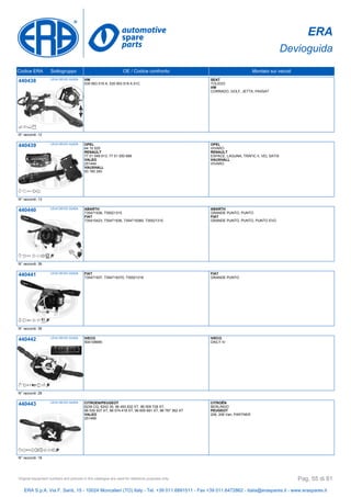 ERA
Devioguida
Codice ERA Sottogruppo OE / Codice confronto Montato sui veicoli
440438 LEVA DEVIO GUIDA VW
535 953 519 A, 535 953 519 A 01C
SEAT
TOLEDO
VW
CORRADO, GOLF, JETTA, PASSAT
N° raccordi: 12
440439 LEVA DEVIO GUIDA OPEL
44 10 525
RENAULT
77 01 048 913, 77 01 050 688
VALEO
251444
VAUXHALL
93 160 240
OPEL
VIVARO
RENAULT
ESPACE, LAGUNA, TRAFIC II, VEL SATIS
VAUXHALL
VIVARO
N° raccordi: 13
440440 LEVA DEVIO GUIDA ABARTH
735471936, 735521315
FIAT
735410423, 735471936, 7354719360, 735521315
ABARTH
GRANDE PUNTO, PUNTO
FIAT
GRANDE PUNTO, PUNTO, PUNTO EVO
N° raccordi: 36
440441 LEVA DEVIO GUIDA FIAT
735471937, 7354719370, 735521316
FIAT
GRANDE PUNTO
N° raccordi: 36
440442 LEVA DEVIO GUIDA IVECO
504108685
IVECO
DAILY IV
N° raccordi: 28
440443 LEVA DEVIO GUIDA CITROEN/PEUGEOT
6239 CQ, 6242 35, 96 493 632 XT, 96 509 728 XT,
96 530 937 XT, 96 574 418 XT, 96 605 691 XT, 96 787 362 XT
VALEO
251499
CITROËN
BERLINGO
PEUGEOT
206, 206 Van, PARTNER
N° raccordi: 18
ERA S.p.A. Via F. Santi, 15 - 10024 Moncalieri (TO) Italy - Tel. +39 011.6891511 - Fax +39 011.6472862 - italia@eraspares.it - www.eraspares.it
Original equipment numbers and pictures in this catalogue are used for reference purposes only. Pag. 55 di 81
 