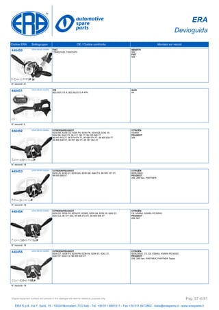 ERA
Devioguida
Codice ERA Sottogruppo OE / Codice confronto Montato sui veicoli
440450 LEVA DEVIO GUIDA FIAT
7354531426, 735472470
ABARTH
500
FIAT
500
N° raccordi: 41
440451 LEVA DEVIO GUIDA VW
8E0 953 513 A, 8E0 953 513 A 4PK
AUDI
A4
N° raccordi: 3
440452 LEVA DEVIO GUIDA CITROEN/PEUGEOT
6239 AE, 6239 CQ, 6239 P4, 6239 PR, 6239 Q8, 6242 35,
6242 66, 6242 F0, 96 511 183 77, 96 533 569 77,
96 542 542 77, 96 574 679 77, 96 595 074 77, 96 605 638 77,
96 605 638 XT, 96 787 362 77, 96 787 362 XT
CITROËN
XSARA
PEUGEOT
206
N° raccordi: 18
440453 LEVA DEVIO GUIDA CITROEN/PEUGEOT
6239 JS, 6239 Q1, 6239 QG, 6239 QK, 6242 F2, 96 595 107 XT,
96 605 668 XT
CITROËN
BERLINGO
PEUGEOT
206, 206 Van, PARTNER
N° raccordi: 18
440454 LEVA DEVIO GUIDA CITROEN/PEUGEOT
6239 AV, 6239 P5, 6239 PP, 6239Q, 6239 Q9, 6239 V9, 6242 27,
6242 C3, 96 477 523, 96 595 072 XT, 96 605 636 XT
CITROËN
C8, XSARA, XSARA PICASSO
PEUGEOT
206, 807
N° raccordi: 18
440455 LEVA DEVIO GUIDA CITROEN/PEUGEOT
6239 GT, 6239 P3, 6239 PN, 6239 R4, 6239 Y2, 6242 31,
6242 37, 6242 C2, 96 605 635 XT
CITROËN
BERLINGO, C5, C8, XSARA, XSARA PICASSO
PEUGEOT
206, 206 Van, PARTNER, PARTNER Tepee
N° raccordi: 18
ERA S.p.A. Via F. Santi, 15 - 10024 Moncalieri (TO) Italy - Tel. +39 011.6891511 - Fax +39 011.6472862 - italia@eraspares.it - www.eraspares.it
Original equipment numbers and pictures in this catalogue are used for reference purposes only. Pag. 57 di 81
 