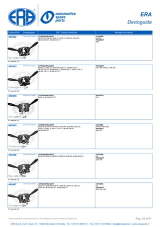 ERA
Devioguida
Codice ERA Sottogruppo OE / Codice confronto Montato sui veicoli
440462 LEVA DEVIO GUIDA CITROEN/PEUGEOT
6239 PQ, 6239 R2, 6239 T7, 6239 Y3, 6242 65, 6242 E9,
96 542 540 XT, 96 605 637 XT
CITROËN
XSARA
PEUGEOT
206
N° raccordi: 18
440463 LEVA DEVIO GUIDA CITROEN/PEUGEOT
6242 CC, 6242 CY, 6242 KN, 6242 TT, 96 628 729 77,
96 628 738 77, 96 640 444 77, 96 640 483 77, 96 651 590 77,
96 660 140 77, 98 069 976 XT
PEUGEOT
307, 308, 308 CC, 308 SW
N° raccordi: 20
440464 LEVA DEVIO GUIDA CITROEN/PEUGEOT
6242 J3, 96 605 670 XT
PEUGEOT
307
N° raccordi: 22
440465 LEVA DEVIO GUIDA CITROEN/PEUGEOT
6239 39, 6239 AK, 6239 M2, 6239 PW, 6239 W2, 6242 18,
6242 C4, 6242 J0, 96 511 197 XT, 96 542 556 XT,
96 605 652 XT
CITROËN
XSARA PICASSO
PEUGEOT
206, 307
N° raccordi: 24
440466 LEVA DEVIO GUIDA CITROEN/PEUGEOT
6239 R0, 6239 RJ, 6239 S3, 6239 Z2, 6242 63, 96 605 632 XT
CITROËN
C5
PEUGEOT
206, 406
N° raccordi: 18
440467 LEVA DEVIO GUIDA CITROEN/PEUGEOT
6239 AC, 6239 M8, 6239 P1, 6239 RG, 6239 T4, 6242 22,
6242 H6, 96 542 562 XT, 96 605 658 XT
CITROËN
C5
PEUGEOT
206, 307, 406
N° raccordi: 24
ERA S.p.A. Via F. Santi, 15 - 10024 Moncalieri (TO) Italy - Tel. +39 011.6891511 - Fax +39 011.6472862 - italia@eraspares.it - www.eraspares.it
Original equipment numbers and pictures in this catalogue are used for reference purposes only. Pag. 59 di 81
 