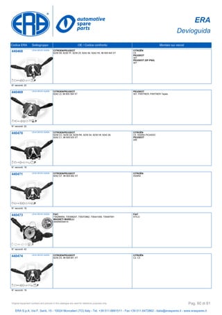 ERA
Devioguida
Codice ERA Sottogruppo OE / Codice confronto Montato sui veicoli
440468 LEVA DEVIO GUIDA CITROEN/PEUGEOT
6239 S9, 6239 YF, 6239 Z5, 6242 84, 6242 H0, 96 605 645 XT
CITROËN
C5
PEUGEOT
307
PEUGEOT (DF-PSA)
307
N° raccordi: 22
440469 LEVA DEVIO GUIDA CITROEN/PEUGEOT
6242 L5, 96 605 594 XT
PEUGEOT
307, PARTNER, PARTNER Tepee
N° raccordi: 22
440470 LEVA DEVIO GUIDA CITROEN/PEUGEOT
6239 CC, 6239 Q4, 6239 RK, 6239 S4, 6239 V8, 6242 26,
6242 C1, 96 605 633 XT
CITROËN
C5, XSARA PICASSO
PEUGEOT
206
N° raccordi: 18
440471 LEVA DEVIO GUIDA CITROEN/PEUGEOT
6242 G7, 96 605 642 XT
CITROËN
XSARA
N° raccordi: 18
440473 LEVA DEVIO GUIDA FIAT
735296954, 735368247, 735372962, 735441006, 735487091
MAGNETI MARELLI
000050054010
FIAT
STILO
N° raccordi: 42
440474 LEVA DEVIO GUIDA CITROEN/PEUGEOT
6239 ZS, 96 608 841 XT
CITROËN
C2, C3
N° raccordi: 18
ERA S.p.A. Via F. Santi, 15 - 10024 Moncalieri (TO) Italy - Tel. +39 011.6891511 - Fax +39 011.6472862 - italia@eraspares.it - www.eraspares.it
Original equipment numbers and pictures in this catalogue are used for reference purposes only. Pag. 60 di 81
 