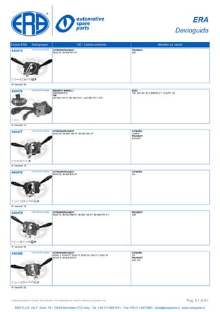 ERA
Devioguida
Codice ERA Sottogruppo OE / Codice confronto Montato sui veicoli
440475 LEVA DEVIO GUIDA CITROEN/PEUGEOT
6242 H5, 96 605 657 XT
PEUGEOT
206
N° raccordi: 24
440476 LEVA DEVIO GUIDA MAGNETI MARELLI
000050087010
VW
443 953 513 H, 443 953 513 L, 443 953 513 L 01C
AUDI
100, 200, 80, 90, CABRIOLET, COUPE, V8
N° raccordi: 10
440477 LEVA DEVIO GUIDA CITROEN/PEUGEOT
6242 VG, 96 660 126 XT, 98 069 845 XT
CITROËN
JUMPY
PEUGEOT
EXPERT
N° raccordi: 16
440478 LEVA DEVIO GUIDA CITROEN/PEUGEOT
6242 G5, 96 605 634 XT
CITROËN
C5
N° raccordi: 18
440479 LEVA DEVIO GUIDA CITROEN/PEUGEOT
6242 TS, 96 533 566 XT, 96 660 139 XT, 98 069 975 XT
PEUGEOT
308
N° raccordi: 20
440480 LEVA DEVIO GUIDA CITROEN/PEUGEOT
6239 L5, 6239 PT, 6239 V7, 6239 Z8, 6242 17, 6242 76,
6242 F9, 96 605 648 XT
CITROËN
C5
PEUGEOT
206, 307
N° raccordi: 22
ERA S.p.A. Via F. Santi, 15 - 10024 Moncalieri (TO) Italy - Tel. +39 011.6891511 - Fax +39 011.6472862 - italia@eraspares.it - www.eraspares.it
Original equipment numbers and pictures in this catalogue are used for reference purposes only. Pag. 61 di 81
 