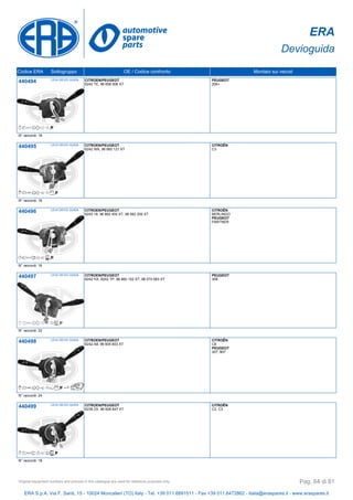 ERA
Devioguida
Codice ERA Sottogruppo OE / Codice confronto Montato sui veicoli
440494 LEVA DEVIO GUIDA CITROEN/PEUGEOT
6242 TE, 96 658 506 XT
PEUGEOT
206+
N° raccordi: 18
440495 LEVA DEVIO GUIDA CITROEN/PEUGEOT
6242 WA, 96 660 121 XT
CITROËN
C3
N° raccordi: 16
440496 LEVA DEVIO GUIDA CITROEN/PEUGEOT
6243 18, 96 662 455 XT, 98 062 250 XT
CITROËN
BERLINGO
PEUGEOT
PARTNER
N° raccordi: 16
440497 LEVA DEVIO GUIDA CITROEN/PEUGEOT
6242 HX, 6242 TP, 96 660 152 XT, 98 070 083 XT
PEUGEOT
308
N° raccordi: 22
440498 LEVA DEVIO GUIDA CITROEN/PEUGEOT
6242 A8, 96 605 603 XT
CITROËN
C8
PEUGEOT
307, 807
N° raccordi: 24
440499 LEVA DEVIO GUIDA CITROEN/PEUGEOT
6239 ZX, 96 608 847 XT
CITROËN
C2, C3
N° raccordi: 18
ERA S.p.A. Via F. Santi, 15 - 10024 Moncalieri (TO) Italy - Tel. +39 011.6891511 - Fax +39 011.6472862 - italia@eraspares.it - www.eraspares.it
Original equipment numbers and pictures in this catalogue are used for reference purposes only. Pag. 64 di 81
 