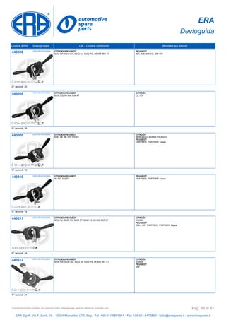 ERA
Devioguida
Codice ERA Sottogruppo OE / Codice confronto Montato sui veicoli
440506 LEVA DEVIO GUIDA CITROEN/PEUGEOT
6242 CP, 6242 EH, 6242 KJ, 6242 TQ, 98 069 969 XT
PEUGEOT
307, 308, 308 CC, 308 SW
N° raccordi: 20
440508 LEVA DEVIO GUIDA CITROEN/PEUGEOT
6239 ZQ, 96 608 838 XT
CITROËN
C2, C3
N° raccordi: 18
440509 LEVA DEVIO GUIDA CITROEN/PEUGEOT
6242 LK, 96 787 370 XT
CITROËN
BERLINGO, XSARA PICASSO
PEUGEOT
PARTNER, PARTNER Tepee
N° raccordi: 18
440510 LEVA DEVIO GUIDA CITROEN/PEUGEOT
96 787 372 XT
PEUGEOT
PARTNER, PARTNER Tepee
N° raccordi: 18
440511 LEVA DEVIO GUIDA CITROEN/PEUGEOT
6239 AL, 6239 PX, 6242 87, 6242 F4, 96 605 653 XT
CITROËN
XSARA
PEUGEOT
206+, 307, PARTNER, PARTNER Tepee
N° raccordi: 24
440512 LEVA DEVIO GUIDA CITROEN/PEUGEOT
6239 AR, 6239 QC, 6242 29, 6242 F6, 96 605 661 XT
CITROËN
XSARA
PEUGEOT
206
N° raccordi: 24
ERA S.p.A. Via F. Santi, 15 - 10024 Moncalieri (TO) Italy - Tel. +39 011.6891511 - Fax +39 011.6472862 - italia@eraspares.it - www.eraspares.it
Original equipment numbers and pictures in this catalogue are used for reference purposes only. Pag. 66 di 81
 