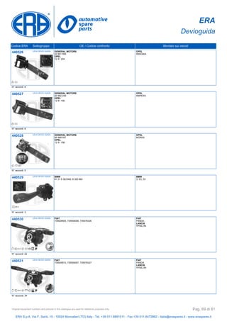 ERA
Devioguida
Codice ERA Sottogruppo OE / Codice confronto Montato sui veicoli
440526 LEVA DEVIO GUIDA GENERAL MOTORS
22 891 508
OPEL
12 41 204
OPEL
INSIGNIA
N° raccordi: 8
440527 LEVA DEVIO GUIDA GENERAL MOTORS
20 962 249
OPEL
12 41 190
OPEL
AMPERA
N° raccordi: 8
440528 LEVA DEVIO GUIDA GENERAL MOTORS
95 468 057
OPEL
12 41 196
OPEL
MOKKA
N° raccordi: 5
440529 LEVA DEVIO GUIDA BMW
61 31 8 363 662, 8 363 662
BMW
3, X3, Z4
N° raccordi: 3
440530 LEVA DEVIO GUIDA FIAT
735529505, 735558306, 735576326
FIAT
PANDA
LANCIA
YPSILON
N° raccordi: 22
440531 LEVA DEVIO GUIDA FIAT
735529510, 735558307, 735576327
FIAT
PANDA
LANCIA
YPSILON
N° raccordi: 34
ERA S.p.A. Via F. Santi, 15 - 10024 Moncalieri (TO) Italy - Tel. +39 011.6891511 - Fax +39 011.6472862 - italia@eraspares.it - www.eraspares.it
Original equipment numbers and pictures in this catalogue are used for reference purposes only. Pag. 69 di 81
 