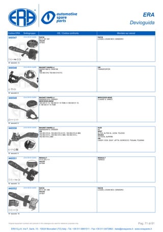 ERA
Devioguida
Codice ERA Sottogruppo OE / Codice confronto Montato sui veicoli
440547 LEVA DEVIO GUIDA DACIA
60 01 551 361
VALEO
251604
DACIA
LOGAN, LOGAN MCV, SANDERO
N° raccordi: 13
440548 LEVA DEVIO GUIDA MAGNETI MARELLI
000050198010, DA50198
VW
7D0 953 519, 7D0 953 519 01C
VW
TRANSPORTER
N° raccordi: 8
440549 LEVA DEVIO GUIDA MAGNETI MARELLI
000050201010, DA50201
MERCEDES-BENZ
168 545 01 10, 168 545 01 10 7D88, A 168 545 01 10,
A 168 545 01 10 7D88
MERCEDES-BENZ
CLASSE A, VANEO
N° raccordi: 8
440550 LEVA DEVIO GUIDA MAGNETI MARELLI
000050205010, DA50205
VW
1K0 953 519 A, 1K0 953 519 A 01C, 1K0 953 519 A 9B9,
1K0 953 519 C, 1K0 953 519 C 9B9, 1K0 953 519 J,
1K0 953 519 J 9B9
AUDI
A3
SEAT
ALTEA, ALTEA XL, LEON, TOLEDO
SKODA
OCTAVIA, SUPERB
VW
CADDY, EOS, GOLF, JETTA, SCIROCCO, TIGUAN, TOURAN
N° raccordi: 6
440551 LEVA DEVIO GUIDA RENAULT
77 01 072 111
VALEO
251599
RENAULT
TWINGO
N° raccordi: 13
440552 LEVA DEVIO GUIDA DACIA
60 01 551 366
VALEO
251607
DACIA
LOGAN, LOGAN MCV, SANDERO
N° raccordi: 15
ERA S.p.A. Via F. Santi, 15 - 10024 Moncalieri (TO) Italy - Tel. +39 011.6891511 - Fax +39 011.6472862 - italia@eraspares.it - www.eraspares.it
Original equipment numbers and pictures in this catalogue are used for reference purposes only. Pag. 71 di 81
 