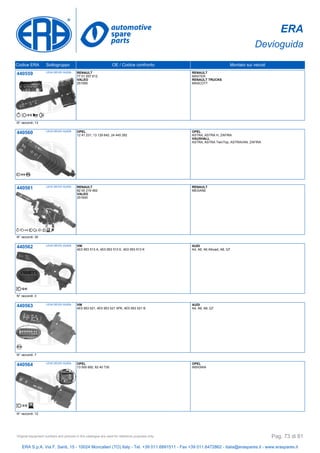ERA
Devioguida
Codice ERA Sottogruppo OE / Codice confronto Montato sui veicoli
440559 LEVA DEVIO GUIDA RENAULT
77 01 057 612
VALEO
251590
RENAULT
MASTER
RENAULT TRUCKS
MASCOTT
N° raccordi: 13
440560 LEVA DEVIO GUIDA OPEL
12 41 231, 13 129 642, 24 445 282
OPEL
ASTRA, ASTRA H, ZAFIRA
VAUXHALL
ASTRA, ASTRA TwinTop, ASTRAVAN, ZAFIRA
440561 LEVA DEVIO GUIDA RENAULT
82 00 216 462
VALEO
251640
RENAULT
MEGANE
N° raccordi: 30
440562 LEVA DEVIO GUIDA VW
4E0 953 513 A, 4E0 953 513 E, 4E0 953 513 K
AUDI
A4, A6, A6 Allroad, A8, Q7
N° raccordi: 3
440563 LEVA DEVIO GUIDA VW
4E0 953 521, 4E0 953 521 4PK, 4E0 953 521 B
AUDI
A4, A6, A8, Q7
N° raccordi: 7
440564 LEVA DEVIO GUIDA OPEL
13 500 692, 62 40 730
OPEL
INSIGNIA
N° raccordi: 12
ERA S.p.A. Via F. Santi, 15 - 10024 Moncalieri (TO) Italy - Tel. +39 011.6891511 - Fax +39 011.6472862 - italia@eraspares.it - www.eraspares.it
Original equipment numbers and pictures in this catalogue are used for reference purposes only. Pag. 73 di 81
 