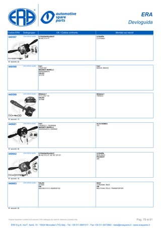 ERA
Devioguida
Codice ERA Sottogruppo OE / Codice confronto Montato sui veicoli
440597 LEVA DEVIO GUIDA CITROEN/PEUGEOT
98 062 014 XT
CITROËN
C3 Picasso
N° raccordi: 22
440598 LEVA DEVIO GUIDA FIAT
735251561
MAGNETI MARELLI
000043084010
VALEO
251376
FIAT
BRAVA, BRAVO
440599 LEVA DEVIO GUIDA RENAULT
77 01 072 110
VALEO
251598
RENAULT
TWINGO
N° raccordi: 13
440601 LEVA DEVIO GUIDA FIAT
735293311, 735365506
MAGNETI MARELLI
000050042010, DA50042
ALFA ROMEO
147
N° raccordi: 30
440602 LEVA DEVIO GUIDA CITROEN/PEUGEOT
96 542 572 XT, 96 787 373 XT
CITROËN
BERLINGO
PEUGEOT
206
N° raccordi: 18
440603 LEVA DEVIO GUIDA VALEO
251659
VW
6Q0 953 513 D, 6Q0953513D
SEAT
CORDOBA, IBIZA
VW
MULTIVAN, POLO, TRANSPORTER
N° raccordi: 20
ERA S.p.A. Via F. Santi, 15 - 10024 Moncalieri (TO) Italy - Tel. +39 011.6891511 - Fax +39 011.6472862 - italia@eraspares.it - www.eraspares.it
Original equipment numbers and pictures in this catalogue are used for reference purposes only. Pag. 79 di 81
 