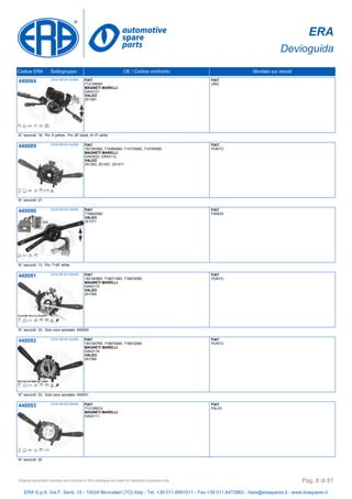 ERA
Devioguida
Codice ERA Sottogruppo OE / Codice confronto Montato sui veicoli
440084 LEVA DEVIO GUIDA FIAT
712159080
MAGNETI MARELLI
DA43121
VALEO
251381
FIAT
UNO
N° raccordi: 19, Pin: 6 yellow, Pin: 6F black, 6+1F white
440089 LEVA DEVIO GUIDA FIAT
183160560, 714569060, 714733060, 714760060
MAGNETI MARELLI
DA43022, DA43112
VALEO
251393, 251401, 251471
FIAT
PUNTO
N° raccordi: 27
440090 LEVA DEVIO GUIDA FIAT
716662080
VALEO
251371
FIAT
PANDA
N° raccordi: 13, Pin: 7+6F white
440091 LEVA DEVIO GUIDA FIAT
183160860, 716671060, 716674060
MAGNETI MARELLI
DA43115
VALEO
251394
FIAT
PUNTO
N° raccordi: 33, Solo cavo spiralato: 450000
440092 LEVA DEVIO GUIDA FIAT
183160760, 716670060, 716672060
MAGNETI MARELLI
DA43116
VALEO
251390
FIAT
PUNTO
N° raccordi: 33, Solo cavo spiralato: 450001
440093 LEVA DEVIO GUIDA FIAT
713156614
MAGNETI MARELLI
DA43111
FIAT
PALIO
N° raccordi: 30
ERA S.p.A. Via F. Santi, 15 - 10024 Moncalieri (TO) Italy - Tel. +39 011.6891511 - Fax +39 011.6472862 - italia@eraspares.it - www.eraspares.it
Original equipment numbers and pictures in this catalogue are used for reference purposes only. Pag. 8 di 81
 