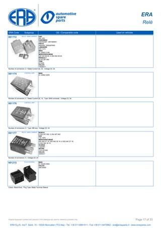 ERA
Relè
ERA Code Subgroup OE / Comparable code Used on vehicles
661172 RELAY, MAIN CURRENT DAF
067 378
HANOMAG
3097003M1, 4901665M1
IVECO
4804050, 5000287954
LIEBHERR
630 1215
MAN
81 25902 0199
MERCEDES-BENZ
000 545 58 05, A 000 545 58 05
RENAULT
50 00 287 954
TRW
601905
VOLVO
14026371
Number of connectors: 5, Rated Current [A]: 20, Voltage [V]: 24
661174 CONTROL UNIT MAN
81 25902 0255
Number of connectors: 4, Rated Current [A]: 15, Type: MAN universal, Voltage [V]: 24
661176 CONTROL UNIT
Number of connectors: 5, Type: MB bus, Voltage [V]: 24
661177 RELAY, MAIN CURRENT BOSCH
0 332 207 202, 0 332 207 402
DAF
130 1879
MERCEDES-BENZ
002 542 27 19, 002 542 30 19, A 002 542 27 19,
A 002 542 30 19
SCANIA
1320483
SETRA
7375181000
VOLVO
3093031
Number of connectors: 5, Voltage [V]: 24
661215 PLUG HOUSING MAN
81 25435 0500
VOLVO
28015029
Colour: Black/Grey, Plug Type: Blade Terminal Sleeve
ERA S.p.A. Via F. Santi, 15 - 10024 Moncalieri (TO) Italy - Tel. +39 011.6891511 - Fax +39 011.6472862 - era@eraspares.it - www.eraspares.com
Original equipment numbers and pictures in this catalogue are used for reference purposes only. Page 17 of 33
 