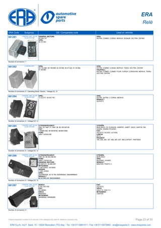 ERA
Relè
ERA Code Subgroup OE / Comparable code Used on vehicles
661281 CONTROL UNIT, GLOW
PLUG SYSTEM
GENERAL MOTORS
55 354 141
OPEL
62 35 303
OPEL
ASTRA, COMBO, CORSA, MERIVA, SIGNUM, VECTRA, ZAFIRA
Number of connectors: 7
661282 FLASHER UNIT OPEL
09 134 880, 09 198 885, 62 38 590, 90 97 422, 91 34 880,
91 98 885
OPEL
ASTRA, COMBO, CORSA, MERIVA, TIGRA, VECTRA, ZAFIRA
VAUXHALL
ASTRA, COMBO, COMBO TOUR, CORSA, CORSAVAN, MERIVA, TIGRA,
VECTRA, ZAFIRA
Number of connectors: 6, Operating Mode: Electric, Voltage [V]: 12
661284 CONTROL UNIT, GLOW
PLUG SYSTEM
OPEL
12 32 077, 55 557 761
OPEL
ASTRA, ASTRA J, CORSA, MERIVA
RENAULT
SUPER 5
Number of connectors: 9, Voltage [V]: 12
661285 CONTROL UNIT, GLOW
PLUG SYSTEM
CITROEN/PEUGEOT
5981 25, 5981 31, 5981 38, 96 165 823 80
FIAT
1348881080, 9619039780, 9639912580
FORD
2S61-12A343-AB
CITROËN
BERLINGO, C5, EVASION, JUMPER, JUMPY, SAXO, XANTIA, XM,
XSARA, XSARA PICASSO
FIAT
DUCATO, SCUDO, ULYSSE
LANCIA
ZETA
PEUGEOT
106, 206, 306, 307, 406, 605, 607, 806, EXPERT, PARTNER
Number of connectors: 6, Voltage [V]: 12
661286 CONTROL UNIT, GLOW
PLUG SYSTEM
CITROEN/PEUGEOT
5981 40, 96 404 696 80
FORD
3M5T-12A343-AA
GENERAL MOTORS
93 858 431, 93 862 497
MITSUBISHI
11067JD50C, 4419200
NISSAN
11067-JD50A
OPEL
2523080A0A, 44 16 764, 8200859243, 9640469680A
RENAULT
82 00 859 243, 9640469680A
CITROËN
BERLINGO
OPEL
MOVANO, VIVARO
RENAULT
MASTER, TRAFIC II
Number of connectors: 8, Voltage [V]: 12
661287 CONTROL UNIT, GLOW
PLUG SYSTEM
BOSCH
0 281 003 039
FIAT
55198090
IVECO
69500830
MITSUBISHI
MK666920, MK668289
FIAT
DUCATO
IVECO
DAILY IV, DAILY V
MITSUBISHI
CANTER
Number of connectors: 9
ERA S.p.A. Via F. Santi, 15 - 10024 Moncalieri (TO) Italy - Tel. +39 011.6891511 - Fax +39 011.6472862 - era@eraspares.it - www.eraspares.com
Original equipment numbers and pictures in this catalogue are used for reference purposes only. Page 23 of 33
 