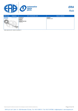 ERA
Relè
ERA Code Subgroup OE / Comparable code Used on vehicles
885064 IGNITION SWITCH CHEVROLET
10 470 197
DAEWOO
10 470 197
GENERAL MOTORS
10 470 197
DAEWOO
ESPERO, NEXIA
Cable Length [mm]: 85, Number of connectors: 2
ERA S.p.A. Via F. Santi, 15 - 10024 Moncalieri (TO) Italy - Tel. +39 011.6891511 - Fax +39 011.6472862 - era@eraspares.it - www.eraspares.com
Original equipment numbers and pictures in this catalogue are used for reference purposes only. Page 33 of 33
 