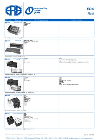 ERA
Relè
ERA Code Subgroup OE / Comparable code Used on vehicles
661050 RELAY, FUEL PUMP MAN
81 25902 0303
STRIBEL
898295
Number of connectors: 5, Voltage [V]: 24
661056 FLASHER UNIT MERCEDES-BENZ
000 543 10 15, A 000 543 10 15
STRIBEL
898533
Operating Mode: Electronic, Voltage [V]: 24
661060 RELAY, RADIATOR FAN
CASTOR
STRIBEL
898719
VW
357 919 506 A
SEAT
ALHAMBRA, CORDOBA, IBIZA, INCA
VW
CADDY, CORRADO, GOLF, PASSAT, POLO, SHARAN, VENTO
Equipment Variant: 30, Number of connectors: 14, Voltage [V]: 12
661066 RELAY, RADIATOR FAN
CASTOR
STRIBEL
898972
VW
1J0 919 506 K
AUDI
A3, TT
SEAT
AROSA, LEON, TOLEDO
SKODA
OCTAVIA
VW
BORA, GOLF, LUPO, NEW BEETLE, POLO
Number of connectors: 18, Rated Current [A]: 70, Voltage [V]: 12
661080 RELAY, LOW BEAM DAF
355 535
MAN
81 25902 0160
RENAULT
50 00 560 739
STRIBEL
899219
VOLVO
266820
Number of connectors: 5, Rated Current [A]: 24
661083 RELAY, MAIN CURRENT DAF
95464
MAN
81 25902 0429
MERCEDES-BENZ
001 545 54 05, A 001 545 54 05
STRIBEL
899932, 899957
Number of connectors: 5, Rated Current [A]: 50, Voltage [V]: 24
ERA S.p.A. Via F. Santi, 15 - 10024 Moncalieri (TO) Italy - Tel. +39 011.6891511 - Fax +39 011.6472862 - era@eraspares.it - www.eraspares.com
Original equipment numbers and pictures in this catalogue are used for reference purposes only. Page 5 of 33
 