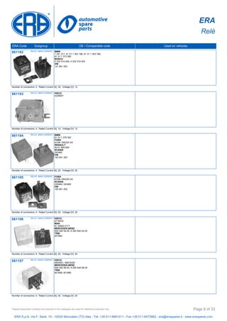 ERA
Relè
ERA Code Subgroup OE / Comparable code Used on vehicles
661102 RELAY, MAIN CURRENT BMW
1 351 317, 61 31 1 353 186, 61 31 1 353 789,
61 31 1 373 585
BOSCH
0 332 014 409, 0 332 019 453
VW
141 951 253
Number of connectors: 4, Rated Current [A]: 30, Voltage [V]: 12
661103 RELAY, MAIN CURRENT IVECO
4228647
Number of connectors: 4, Rated Current [A]: 10, Voltage [V]: 12
661104 RELAY, MAIN CURRENT BMW
61 31 1 378 302
FORD
81DB-15K235-VA
RENAULT
50 01 848 850
SCANIA
243462
VW
183 951 253
Number of connectors: 4, Rated Current [A]: 20, Voltage [V]: 24
661105 RELAY, MAIN CURRENT FORD
81DB-15K235-VA
SCANIA
235940, 243462
VW
183 951 253
Number of connectors: 4, Rated Current [A]: 20, Voltage [V]: 24
661106 RELAY, MAIN CURRENT IVECO
4718222
MAN
81 25902 0171
MERCEDES-BENZ
000 545 54 05, A 000 545 54 05
TRW
601862
Number of connectors: 5, Rated Current [A]: 20, Voltage [V]: 24
661107 RELAY, MAIN CURRENT IVECO
4804051, 99474025
MERCEDES-BENZ
000 545 58 05, A 000 545 58 05
TRW
601656, 601880
Number of connectors: 5, Rated Current [A]: 20, Voltage [V]: 24
ERA S.p.A. Via F. Santi, 15 - 10024 Moncalieri (TO) Italy - Tel. +39 011.6891511 - Fax +39 011.6472862 - era@eraspares.it - www.eraspares.com
Original equipment numbers and pictures in this catalogue are used for reference purposes only. Page 8 of 33
 