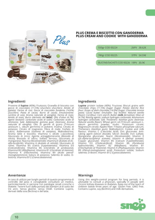 PLUS CREMA E BISCOTTO CON GANODERMA
PLUS CREAM AND COOKIE WITH GANODERMA
550gr COD 00224 26PV 38.62€
780gr COD 00225 37PV 54.59€
BUSTINE/SACHETS COD 00226 19PV 30.9€
Ingredienti Ingredients
Proteine di lupino (40%); Fruttosio; Granella di biscotto con
gocce di cioccolato (11,5%) (Zucchero (Zucchero; Amido di
patata); Farina di riso; Gocce di cioccolato fondente (14,6%)
(Zucchero; Pasta di cacao; Burro di cacao; Emulsionante:
Lecitina di soia; Aroma naturale di vaniglia); Farina di mais;
Amido di mais; Burro (derivato del latte); Olio d'oliva (4.7%);
Agenti lievitanti: carbonato acido di sodio; Carbonato acido di
ammonio; Sale; Addensante: gomma guar; Destrosio; Aroma
naturale di vaniglia); Olio di germe di grano (Triticum
aestivum L. oleum germinis) in polvere; Inulina; Citrato di
potassio; Citrato di magnesio; Fibra di mele; Fosfato di
calcio; Addensante (Gomma di xantano); Maltodestrina;
Aroma latte e biscotto; Vitamina C (Acido L-ascorbico);
Gluconato di zinco; Agente antiagglomerante (Biossido di
silicio); Biossido di silicio; Solfato ferroso; Gluconato di
manganese; Niacina (Nicotinamide); Vitamina E (Acetato di DL-
alfa-tocoferile); Vitamina A (Acetato di retinile); Gluconato di
rame; Vitamina B5 (Calcio D-pantotenato); Vitamina D3
(Colecalciferolo); Vitamina B6 (Cloridrato di piridossina);
Vitamina B2 (Riboflavina); Vitamina B1 (Cloridrato di tiamina);
Vitamina K (Fillochinone); Vitamina B9 (Acido pteroil-
monoglutammico); Ioduro di potassio; Selenito di sodio; D-
biotina; Vitamina B12 (Cianocobalamina)
Lupine protein isolate (40%); Fructose; Biscuit grains with
chocolate chips (11.5%) (Sugar (Sugar; Potato starch); Rice
flour; Drops of dark chocolate (14.6%) (Sugar; Chocolate aroma
pasta; Cocoa butter; Emulsifier: Soy lecithin; Natural vanilla
flavor); Cornflour; Corn starch; Butter (milk derivative); Olive oil
(4.7%); Raising agents: sodium hydrogen carbonate; Ammonium
hydrogen carbonate; Salt; Thickeners: Xanthan gum; Dextrose;
Natural vanilla flavor); Wheat germ oil (Triticum aestivum L.
oleum germinis) powder; Inulin; Potassium citrate;
Magnesium citrate; Apples fiber; Tribasic phosphate calcium;
Thickeners (Xanthan gum); Maltodextrin; Cookie and milk
flavour; Vitamin C (L-Ascorbic Acid); Zinc gluconate; Anti-
caking agent (Silicon dioxide); Silicon dioxide; Iron sulfate;
Manganese gluconate; Niacin (Nicotinamide); Vitamin E
(DL-alpha-tocopheryl acetate); Vitamin A (Retinyl acetate);
Copper gluconate; Vitamin B5 (Calcium D-pantothenate);
Vitamin D3 (Cholecalciferol); Vitamin B6 (Pyridoxine
hydrochloride); Vitamin B2 (Riboflavin); Vitamin B1
(Chlorhydrate of Thiamine); Vitamin K (Phylloquinone); Vitamin
B9 (Pteroil-monoglutamic acid); Potassium iodide; Sodium
selenite; D-Biotin; Vitamin B12 (Cyanocobalamin)
Avvertenze Warnings
In caso di utilizzo per lunghi periodi di questo programma di
controllo del peso è consigliabile consultare un medico,
particolarmente in persone con patologie renali croniche o
diabete. Tenere fuori dalla portata dei bambini al di sotto dei
tre anni. Senza glutine. senza OGM. Contiene Lupino,
derivati della soia (lecitina) e del latte.
Using this weight-control program for long periods, it is
advisable to consult a physician, specially in people with
chronic kidney diseases or diabetes. Keep out of the reach of
children below three years of age. Gluten free. GMO free.
Contains Lupine, soy (lecithin) and milk derivatives.
10
 