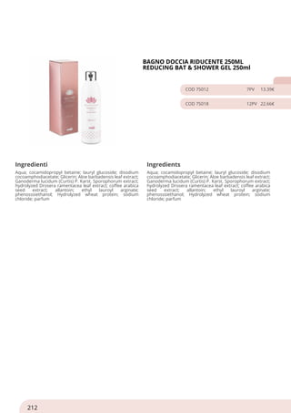 BAGNO DOCCIA RIDUCENTE 250ML
REDUCING BAT & SHOWER GEL 250ml
COD 75012 7PV 13.39€
COD 75018 12PV 22.66€
Ingredienti Ingredients
Aqua; cocamidopropyl betaine; lauryl glucoside; disodium
cocoamphodiacetate; Glicerin; Aloe barbadensis leaf extract;
Ganoderma lucidum (Curtis) P. Karst. Sporophorum extract;
hydrolyzed Drosera ramentacea leaf extract; coffee arabica
seed extract; allantoin; ethyl lauroyl arginate;
phenosssiethanol; Hydrolyzed wheat protein; sodium
chloride; parfum
Aqua; cocamidopropyl betaine; lauryl glucoside; disodium
cocoamphodiacetate; Glicerin; Aloe barbadensis leaf extract;
Ganoderma lucidum (Curtis) P. Karst. Sporophorum extract;
hydrolyzed Drosera ramentacea leaf extract; coffee arabica
seed extract; allantoin; ethyl lauroyl arginate;
phenosssiethanol; Hydrolyzed wheat protein; sodium
chloride; parfum
212
 