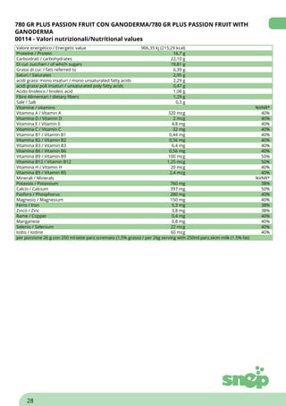 780 GR PLUS PASSION FRUIT CON GANODERMA/780 GR PLUS PASSION FRUIT WITH
GANODERMA
00114 - Valori nutrizionali/Nutritional values
Valore energetico / Energetic value 906,35 kj (215,29 kcal)
Proteine / Protein 16,7 g
Carboidrati / carbohydrates 22,10 g
Di cui: zuccheri / of which sugars 19,81 g
Grassi di cui: / fats referred to 6,39 g
Saturi / Saturates 2,95 g
acidi grassi mono insaturi / mono unsaturated fatty acids 2,29 g
acidi grassi poli insaturi / unsaturated poly fatty acids 0,47 g
Acido linoleico / linoleic acid 1,08 g
Fibre Alimentari / dietary fibers 1,29 g
Sale / Salt 0,3 g
Vitamine / vitamins %VNR*
Vitamina A / Vitamin A 320 mcg 40%
Vitamina D / Vitamin D 2 mcg 40%
Vitamina E / Vitamin E 4,8 mg 40%
Vitamina C / Vitamin C 32 mg 40%
Vitamina B1 / Vitamin B1 0,44 mg 40%
Vitamina B2 / Vitamin B2 0,56 mg 40%
Vitamina B3 / Vitamin B3 6,4 mg 40%
Vitamina B6 / Vitamin B6 0,56 mg 40%
Vitamina B9 / Vitamin B9 100 mcg 50%
Vitamina B12 / Vitamin B12 1,25 mcg 50%
Vitamina H / Vitamin H 20 mcg 40%
Vitamina B5 / Vitamin B5 2,4 mcg 40%
Minerali / Minerals %VNR*
Potassio / Potassium 760 mg 38%
Calcio / Calcium 397 mg 50%
Fosforo / Phosphorus 280 mg 40%
Magnesio / Magnesium 150 mg 40%
Ferro / Iron 5,3 mg 38%
Zinco / Zinc 3,8 mg 38%
Rame / Copper 0,4 mg 40%
Manganese 0,8 mg 40%
Selenio / Selenium 22 mcg 40%
Iodio / Iodine 60 mcg 40%
per porzione 26 g con 250 ml latte parz.scremato (1,5% grassi) / per 26g serving with 250ml parz.skim milk (1.5% fat)
28
 