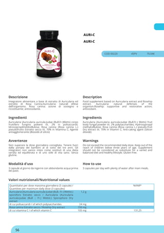 AURI-C
AURI-C
COD 00220 45PV 70.04€
Descrizione Description
Integratore alimentare a base di estratto di Auricularia ed
estratto di Rosa Canina.Auricularia: naturali difese
dell'organismo. Rosa canina: azione di sostegno e
ricostituente; antiossidante.
Food supplement based on Auricularia extract and Rosehip
extract. Auricularia: natural defenses of the
organism.Rosehip: supportive and restorative action;
antioxidant.
Ingredienti Ingredients
Auricularia (Auricularia auricula-Judae (Bull.Fr.)Wetts) corpo
fruttifero fungino polvere tit. 2% in polisaccaridi;
Idrossipropilmetilcellulosa; Rosa canina (Rosa canina L.)
pseudofrutto Estratto secco tit. 70% in Vitamina C; Agente
antiagglomerante (Biossido di silicio)
Auricularia (Auricularia auricula-Judae (Bull.Fr.) Wetts) fruit
body fungal powder tit. 2% polysaccharides; Hydroxypropyl
methylcellulose; Rosa canina (Rosa canina L.) pseudo-fruit
Dry extract tit. 70% in Vitamin C; Anti-caking agent (Silicon
dioxide)
Avvertenze Warnings
Non superare la dose giornaliera consigliata. Tenere fuori
dalla portata dei bambini al di sotto dei tre anni. Gli
integratori non vanno intesi come sostituti di una dieta
variata ed equilibrata e di uno stile di vita sano. Senza
glutine.
Do not exceed the recommended daily dose. Keep out of the
reach of children below three years of age. Supplement
should not be considered as substitute for a varied and
balanced diet and healthy lifestyle. Gluten free.
Modalità d'uso How to use
3 capsule al giorno da ingerire con abbondante acqua prima
dei pasti.
3 capsules per day with plenty of water after main meals.
Quantitativi per dose massima giornaliera (3 capsule) /
Quantities per maximum daily dose (3 capsules)
%VNR*
Auricularia (Auricularia auricula-Judae (Bull.: Fr.) Wettst.)
sporoforo Estratto secco / Auricularia (Auricularia
auricula-Judae (Bull .: Fr.) Wettst.) Sporophore Dry
extract
1,2 g
di cui polisaccaridi / of which polysaccharides 24 mg
Rosa canina Estratto secco / Rosehip Dry extract 150 mg
di cui vitamina C / of which vitamin C 105 mg 131,25
Valori nutrizionali/Nutritional values
56
 