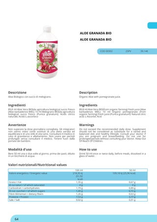 ALOE GRANADA BIO
ALOE GRANADA BIO
COD 00302 25PV 39.14€
Descrizione Description
Aloe Biologico con succo di melograno. Organic Aloe with pomegranate juice.
Ingredienti Ingredients
89,8 ml Aloe Vera BIO(da agricoltura biologica) succo fresco
(Aloe barbadensis Mill.); 10 ml Melograno BIO(da agricoltura
biologica) succo fresco (Punica granatum); Acido citrico
naturale; Acido L-ascorbico
89,8 ml Aloe Vera BIO(from organic farming) fresh juice (Aloe
barbadensis Mill.); 10 ml Organic pomegranate (from
organic farming) fresh juice (Punica granatum); Natural citric
acid; L-Ascorbic Acid
Avvertenze Warnings
Non superare la dose giornaliera consigliata. Gli integratori
non vanno intesi come sostituti di una dieta variata ed
equilibrata e di uno stile di vita sano. Consultare il medico in
caso di gravidanza e allattamento. Non usare per periodi
prolungati senza consultare il medico. Tenere fuori dalla
portata dei bambini.
Do not exceed the recommended daily dose. Supplement
should not be considered as substitute for a varied and
balanced diet and healthy lifestyle. Consult your doctor if
you are pregnant and breastfeeding. Do not use for
prolonged periods without consulting your doctor. Keep Out
Of Reach Of Children.
Modalità d'uso How to use
Bere 50 ml una o due volte al giorno, prima dei pasti, diluito
in un bicchiere di acqua.
Drink 50 ml once or twice daily, before meals, dissolved in a
glass of water.
100 ml 50 ml
Valore energetico / Energetic value 218,35 kJ
(51,92
kcal)
109,18 kJ (25,96 kcal)
Grassi / Fat 1,35 g 0,67 g
di cui saturi / of which saturated 0 g 0 g
Carboidrati / carbohydrates 1,79 g 0,89 g
Di cui: zuccheri / of which sugars 1,45 g 0,72 g
Fibre Alimentari / dietary fibers 1,26 g 0,63 g
Proteine / Protein 7,53 g 3,77 g
Sale / Salt 0,02 g 0,01 g
Valori nutrizionali/Nutritional values
64
 