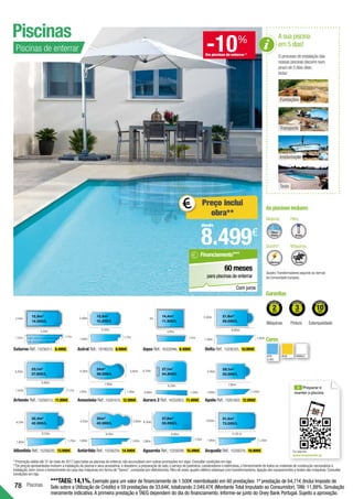 78 Piscinas
-10%
Em piscinas de enterrar *
Preço inclui
obra**
8.499€
desde
AZUL
CLARO
BEGE BRANCO
Material Filtro
Quadro* Máquinas
Quadro:Transformadores segundo as normas
da Comunidade Europeia.
As piscinas incluem
Garantias
Cores
Pintura
Máquinas Estanqueidade
Fundações
***TAEG: 14,1%. Exemplo para um valor de financiamento de 1.500€ reembolsado em 60 prestações: 1ª prestação de 64,71€ (Inclui Imposto de
Selo sobre a Utilização de Crédito) e 59 prestações de 33,64€, totalizando 2.049,47€ (Montante Total Imputado ao Consumidor).TAN: 11,88%. Simulação
meramente indicativa.A primeira prestação e TAEG dependem do dia do financiamento. Informe-se junto do Oney Bank Portugal. Sujeito a aprovação.
* Promoção válida até 31 de maio de 2017 para todas as piscinas de enterrar,não acumulável com outras promoções em vigor.Consultar condições em loja.
**Os preços apresentados incluem a instalação da piscina e seus acessórios,o desaterro,a preparação do solo,o serviço de pedreiros,canalizadores e eletricistas,o fornecimento de todos os materiais de construção necessários à
instalação,bem como o fornecimento da casa das máquinas em forma de“banco”,composta por eletrobomba,filtro de areia,quadro elétrico estanque com transformadores,ligação dos equipamentos e testes das máquinas.Consultar
condições em loja.
Transporte
Implantação
Teste
A sua piscina
em 5 dias!
O processo de instalação das
nossas piscinas decorre num
prazo de 5 dias úteis.
Inclui:
1,40m
2,46m
5,50m
1,17m
1,35m
2,45m
12,8m2
14.000/L
13,5m2
15.200/L
1,17m
5,20m
3m
1,10m
4,80m
3,50m
1,50m 1,20m
6,80m
Saturno Ref.:15256311. 8.499€ . Astral Ref.:18706233. 8.999€ . Aqua Ref.:16332946. 8.499€ . Delta Ref.:15256325. 10.999€ .
1,60m
4,05m
7,90m
1,20m
1,50m
4,20m 3,40m
7,90m
1,45m
4,30m
0,80m 1,20m
6,30m
3,40m
1,45m 1,17m
6,80m
Amazónia Ref.:15261610. 12.999€ .
Artemis Ref.:15256213. 11.999€ . Aurora 2 Ref.:16332953. 11.499€ . Apolo Ref.:15261603. 12.999€ .
4,10m
1,80m 1,25m
8,55m
1,20m
4,65m
1,95m
11,05 m
1,80m
4,30m
8,80m
1,10m
1,40m
4,35m
1,80m
9,45m
2,60m
Antártida Ref.:15256234. 14.499€ .
Atlantida Ref.:15256220. 13.999€ . Aguarela Ref.:15256290. 15.499€ . Acqualiz Ref.:15256276. 18.999€ .
14,4m2
11.300/L
21,9m2
26.000/L
24m2
38.000/L
35m2
42.000/L
23,1m2
27.800/L
32,4m2
42.000/L
27,1m2
24.800/L
37,9m2
55.000/L
29,1m2
35.000/L
51,4m2
73.000/L
Piscinas
Piscinas de enterrar
Financiamento***
Com juros
60 meses
para piscinas de enterrar
Preparar e
manter a piscina
Ou veja em
www.leroymerlin.pt
 