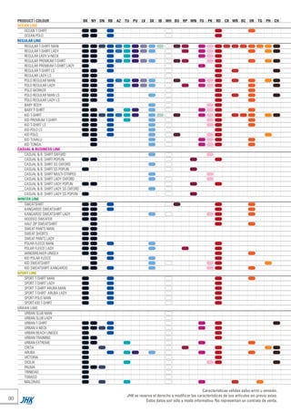 PRODUCT  COLOUR BK NY DN RB AZ TU PU LV SK IB WH BU RP WN FU PK RD CR WR BC OR TG PH CH
OCEAN LINE
OCEAN T-SHIRT
OCEAN POLO
REGULAR LINE
REGULAR T-SHIRT MAN
REGULAR T-SHIRT LADY
REGULAR LADY V-NECK
REGULAR PREMIUM T-SHIRT
REGULAR PREMIUM T-SHIRT LADY
REGULAR T-SHIRT LS
REGULAR LADY LS
POLO REGULAR MAN
POLO REGULAR LADY
POLO WORKER
POLO REGULAR MAN LS
POLO REGULAR LADY LS
BABY BODY
BABY T-SHIRT
KID T-SHIRT
KID PREMIUM T-SHIRT
KID T-SHIRT LS
KID POLO LS
KID POLO
KID TUVALU
KID TONGA
CASUAL & BUSINESS LINE
CASUAL & B. SHIRT OXFORD
CASUAL & B. SHIRT POPLIN
CASUAL & B. SHIRT SS OXFORD
CASUAL & B. SHIRT SS POPLIN
CASUAL & B. SHIRT MULTI-STRIPED
CASUAL & B. SHIRT LADY OXFORD
CASUAL & B. SHIRT LADY POPLIN
CASUAL & B. SHIRT LADY SS OXFORD
CASUAL & B. SHIRT LADY SS POPLIN
WINTER LINE
SWEATSHIRT
KANGAROO SWEATSHIRT
KANGAROO SWEATSHIRT LADY
HOODED SWEATER
HALF ZIP SWEATSHIRT
SWEAT PANTS MAN
SWEAT SHORTS
SWEAT PANTS LADY
POLAR FLEECE MAN
POLAR FLEECE LADY
WINDBREAKER UNISEX
KID POLAR FLEECE
KID SWEATSHIRT
KID SWEATSHIRT KANGAROO
SPORT LINE
SPORT T-SHIRT MAN
SPORT T-SHIRT LADY
SPORT T-SHIRT ARUBA MAN
SPORT T-SHIRT ARUBA LADY
SPORT POLO MAN
SPORT KID T-SHIRT
URBAN LINE
URBAN SLUB MAN
URBAN SLUB LADY
URBAN T-SHIRT
URBAN V-NECK
URBAN BEACH UNISEX
URBAN TRAINING
URBAN EXTREME
CRETA
ARUBA
VICTORIA
SICILIA
PALMA
TRINIDAD
TOBAGO
MALDIVAS
90
Características válidas salvo error u omisión.
JHK se reserva el derecho a modificar las características de sus artículos sin previo aviso.
Estos datos son sólo a modo informativo. No representan un contrato de venta.
JHK 2014 castellano ingles V86 imprenta:Layout 2 18/12/13 11:45 Página 90
 