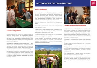Casino Competition
Casino competition es un incentivo para empresas que
ofrece un amplio abanico de posibilidades. Para ello,
contamos con diferentes maneras de adaptar los juegos
del casino a las necesidades y requerimientos de cada
empresa con múltiples variables para conseguir la mayor
personalización posible.
Mediante esta divertida actividad, desarrollada a partir
de los juegos más famosos de los grandes casinos, le
damos la oportunidad de introducirse en el mundo de
las apuestas y juegos de azar de los casinos actuales,
adaptando la actividad al ejercicio del team building.
La finalidad del incentivo es potenciar la unión del equipo,
la comunicación entre los distintos integrantes para
conseguir un objetivo común y la coordinación mediante
la creación de una estrategia para lograr los mejores
resultados posibles.
Vino Competition
La actividad tiene como finalidad acercar la elaboración
del vino, sus orígenes, las distintas variedades y los
procesos necesarios en su fabricación, siempre desde
un punto de vista lúdico que permita aprender sobre el
vino, pero sobre todo entretenerse y pasar un buen rato
rodeados de compañeros y del mejor vino nacional.
El timing de la actividad estará dividida en las siguientes
fases:
-Recepción y presentación: Explicación de la actividad,
copa de vino en mano.
-Visita guiada a todas las instalaciones de la bodega, con
explicación de la viticultura a pie de viñedo, comentando
el proceso de elaboración de los vinos.
-Cata: Degustación de tres tipos de vino que maridaremos
con comida para potenciar su sabor.
-Duelo enológico: con carácter de competición entre los
equipos, donde tendrán que responder a un cuestionario
tipo quiz relacionado con la explicación del proceso y a
diferentes pruebas sensoriales.
Cerveza Artesanal Competition
La actividad tiene como finalidad acercar la elaboración
de la cerveza artesanal, sus orígenes, sus ingredientes,
los distintos estilos y los procesos necesarios en su fabri-
cación, siempre desde un punto de vista lúdico que per-
mita aprender sobre la cerveza, pero sobre todo entre-
tenerse y pasar un buen rato rodeados de compañeros y
de la mejor cerveza artesanal.
El timing de la actividad estará dividida en las siguientes
fases:
-Recepción y presentación: Explicación de la actividad,
cerveza en mano.
-Visita guiada a las instalaciones, de la mano del maestro
cervecero, quien explicará los ingredientes necesarios
para elaborar la cerveza artesanal, así como el proceso
de elaboración.
-Cata: Degustación de 3 tipos de cerveza que maridare-
mos con comida para potenciar su sabor.
-Duelo de Cervezas: con carácter de competición entre
los equipos, donde tendrán que responder a un cues-
tionario tipo quiz relacionado con la explicación del pro-
ceso.
ACTIVIDADES DE TEAMBUILDING
 