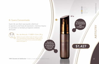 Aplica el suero sobre todo el rostro y cuello
con movimientos ascendentes. Úsalo por la
mañana y la noche. En la rutina de belleza
este es el paso 3.
B- Suero Concentrado
No. de Artículo: 113809 / Cont. 30 g
Suero de uso diario que ayuda a disminuir
la apariencia de líneas de expresión, mientras mejora
la suavidad, la claridad y el aspecto radiante
de la piel.
LIMPIAR
TONIFICAR
HUMECTAR
TRATAR
1
2
3
4
$1,427
3
Ayuda a
incrementar
la apariencia
juvenil de
la piel
Promueve
la actividad
del
colágeno
100% Garantía de Satisfacción / Ordena a través de tu Empresario Amway.
TRATAMIENTOS
57
 