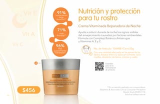 74
Nutrición y protección
para tu rostro
Crema Vitaminada Reparadora de Noche
Ayuda a reducir durante la noche los signos visibles
del envejecimiento causados por factores ambientales.
Fórmula con Complejo Botánico Antiarrugas
y Vitaminas A, E y C.
No. de Artículo: 106488 /Cont.50g
Con una cantidad adecuada en las yemas de los
dedos, frótalos entre sí y aplica en la frente, nariz,
mejillas, alrededor de labios, mentón y cuello.
74
Vit E
Vit A
Vit C
$456
91%humectación
larga
duración**
71%
más
firmeza**
96%
Piel
suavemente
hidratada*
**En un estudio realizado con consumidoras.
(Stephens & Associates Clinical Consumer Perception
Results Study #C08-C115).
Salud es belleza natural.
4 Escanéalo
para ver la
Demostración
de producto.
 