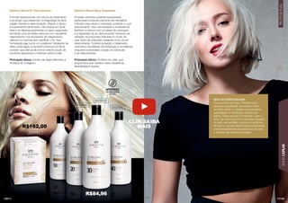 LINHA
CAPILAR
PROFISSIONAL
143
142
Sublime Blond Pó Descolorante
Fórmula desenvolvida com ativos de tratamento
e proteção que preservam a integridade da ﬁbra
capilar durante a descoloração. Rápido e eﬁcaz,
é suavemente perfumado, não levanta pó (dust
free) e se dispersa facilmente na água oxigenada
formando uma emulsão cremosa com excelente
desempenho nos processos de clareamento,
reﬂexos ou mechas sem daniﬁcar o ﬁo. Sua
formulação age como um poderoso hidratante de
efeito prolongado e também promove um ﬁlme
protetor que atenua de forma notável a ação de
produtos agressivos e irritantes sobre a pele.
Principais ativos: Extrato de Algas Marinhas e
Proteína do Colágeno.
Sublime Blond Água Oxigenada
Emulsão cremosa oxidante suavemente
perfumada contendo peróxido de hidrogênio
indicado para ativar a coloração oxidante e o pó
descolorante. Sua cremosidade e consistência
facilitam a mistura com a massa da coloração
e a dispersão do pó descolorante, devendo ser
utilizado na proporção indicada no modo de
usar tanto da coloração oxidante como do pó
descolorante. Confere proteção e tratamento
cosmético simultâneo de hidratação e emoliência
enquanto potencializa a ação da coloração
e do descolorante.
Principais ativos: Proteína do Leite, que
proporciona aos cabelos maior resistência,
ﬂexibilidade e maciez.
DICA DO ESPECIALISTA:
Faça a prova do toque. Prepare uma
pequena quantidade do produto como
se fosse utilizá-lo. Aplique uma pequena
quantidade no antebraço ou atrás da
orelha. Deixe agir por 30 minutos. Lave o
local. Se dentro de 24 horas surgir irritação
na pele, vermelhidão, coceira ou ardência
no local ou proximidade ﬁcará comprovada
a hipersensibilidade da pessoa ao produto,
o mesmo não deverá ser usado.
302022C
302023C
302024C
302025C
302026C
APROVADO
POR PROFISSIONAIS
DE SALÃO
R$162,00
R$84,96
CLIK SAIBA
MAIS
 