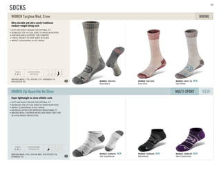 102
Ultra-durable and ultra-comfy traditional
medium-weight hiking sock
MERINO WOOL 77%, NYLON 17%, SPANDEX 1%,
POLYESTER 5%
SIZES
S, M, L
CUSHIONING:
MEDIUM
LEFT AND RIGHT DESIGN FOR OPTIMAL FIT
SEAMLESS TOE IN FLEX ZONE TO AVOID BUNCHING
CONTOUR ARCH SUPPORT FOR COMFORT
Y-HEEL POCKET TO KEEP SOCK IN PLACE
IMPACT CUSHIONING IN KEY AREAS
WOMEN Targhee Med. Crew HIKING
Ruby Wine
WOMEN 1001253
Dark Brown
WOMEN 1007110 NEW
Black/Black
WOMEN 1001251
Super lightweight no-show athletic sock.
MERINO WOOL 47%, NYLON 48%, POLYESTER 3%,
SPANDEX 2%
SIZES
S, M, L
CUSHIONING:
HYPERLITE
LEFT AND RIGHT DESIGN FOR OPTIMAL FIT
SEAMLESS TOE IN FLEX ZONE TO AVOID BUNCHING
IMPACT CUSHIONING IN KEY AREAS
AIR MESH UPPER FOR IMPROVED BREATHABILITY
MERINO WOOL FOOTBED WICKS AND DRIES FAST FOR
BLISTER-PROOF PROTECTION
WOMEN Zip Hyperlite No Show NEWMULTI-SPORT
Black/Black
WOMEN 1008336 NEW
Dark Purple/Violet
WOMEN 1008338 NEW
Soft Gray/Natural
WOMEN 1008340 NEW
SOCKS
102
 