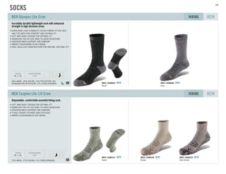 Incredibly durable lightweight sock with enhanced
strength in high abrasion areas.
46% WOOL, 34% NYLON, 10% POLYESTER, 8%
DYNEEMA POLYETHYLENE, 2% LYCRA SPANDEX
SIZES
M, L, XL
CUSHIONING:
LITE
DURA-ZONE HIGH-TENANCITY NYLON FIBERS IN THE HEEL
AND TOE AREA FOR COMFORT AND DURABILITY
LEFT AND RIGHT DESIGN FOR OPTIMAL FIT
SEAMLESS TOE IN FLEX ZONE TO AVOID BUNCHING
CONTOUR ARCH SUPPORT FOR COMFORT
IMPACT CUSHIONING IN KEY AREAS
HEEL HOLD CUP CONSTRUCTION FOR SECURE, NATURAL FIT
MEN Olympus Lite Crew NEWHIKING
Gray
MEN 1008066 NEW
Black
MEN 1008065 NEW
Dependable, comfortable essential hiking sock.
72% WOOL, 27% NYLON, 1% LYCRA SPANDEX
SIZES
M, L, XL
CUSHIONING:
LITE
LEFT AND RIGHT DESIGN FOR OPTIMAL FIT
SEAMLESS TOE IN FLEX ZONE TO AVOID BUNCHING
CONTOUR ARCH SUPPORT FOR COMFORT
Y-HEEL POCKET TO KEEP SOCK IN PLACE
IMPACT CUSHIONING IN KEY AREAS
MEN Targhee Lite 1/4 Crew NEWHIKING
Brown
MEN 1008329 NEW
Dark Brown
MEN 1008330 NEW
Green
MEN 1008331 NEW
SOCKS
104
 