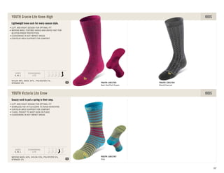 Lightweight knee sock for every season style.
NYLON 48%, WOOL 44% , POLYESTER 5% ,
SPANDEX 3%
SIZES
S, M, L
CUSHIONING:
LITE
LEFT AND RIGHT DESIGN FOR OPTIMAL FIT
MERINO WOOL FOOTBED WICKS AND DRIES FAST FOR
BLISTER-PROOF PROTECTION
CUSHIONING IN KEY IMPACT AREAS
CONTOUR ARCH SUPPORT FOR COMFORT
YOUTH Gracie Lite Knee-High KIDS
Black/Charcoal
YOUTH 1001764
Beet Red/Port Royale
YOUTH 1001765
Snazzy sock to put a spring in their step.
MERINO WOOL 60%, NYLON 33%, POLYESTER 5%,
SPANDEX 2%
SIZES
S, M, L
CUSHIONING:
LITE
LEFT AND RIGHT DESIGN FOR OPTIMAL FIT
SEAMLESS TOE IN FLEX ZONE TO AVOID BUNCHING
CONTOUR ARCH SUPPORT FOR COMFORT
Y-HEEL POCKET TO KEEP SOCK IN PLACE
CUSHIONING IN KEY IMPACT AREAS
YOUTH Victoria Lite Crew KIDS
Gray
YOUTH 1001767
107
 