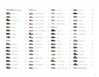 TRAILHEAD Men Continued
Arroyo II 54
Newport 54
Bryce Mid WP 55
Bryce WP 55
Ambler 56
DeLaveaga 56
Wichita 56
A86 TR 57
PEDAL
Commuter III 61
Presidio Pedal 61
Springwater II 61
Arroyo Pedal 62
Commuter III 62
Springwater II 62
Arroyo Pedal 63
Austin Pedal 63
BLVD Women
Emerald City Sandal 67
Emerald City Slide II 67
Emerald City Thong II 67
Emerald City 3-Point 68
Catalina Boat Shoe 68
Catalina Canvas Boat Shoe 68
Chelsea Ankle Wrap 69
Chelsea Sandal 69
Chelsea Slide 69
Presidio 70
Sterling City Lace 70
Sterling City MJ 70
Florence II 71
Florence II Slide 71
Sarasota 71
Sienna MJ Canvas 72
Arcata 72
Coronado 73
Maderas Lace 73
Maderas Oxford 74
Maderas Slip-On 74
Maderas Ballerina 75
BLVD Men
Glisan 79
NoPo Lace 79
Ontario Lace 79
Boston II 80
Finlay 80
Portsmouth 80
Daytona 81
Seaside Flip 81
Seaside Slide 81
Timmons Chukka 82
Timmons Slip-On 82
Timmons Slip-On Canvas 82
Arcata Leather 83
Jackson 83
Santa Cruz 83
Coronado 84
Maderas Lace 84
Ventura 84
Maderas Oxford 85
Maderas Slip-On 85
KIDS
Alamosa Mid WP 91
Alamosa WP 92
Alamosa WP Strap 92
Clayton WP 91
Jura Leather 91
Kanyon 90
Newport H2 89
Whisper 90
KIDS Continued Next Page
11
 