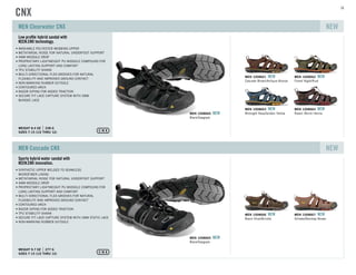 Low proﬁle hybrid sandal with
KEEN.CNX technology.
SIZES 7-15 (1/2 THRU 12)
WEIGHT 8.4 OZ 238 G
WASHABLE POLYESTER WEBBING UPPER
METATARSAL RIDGE FOR NATURAL UNDERFOOT SUPPORT
4MM MIDSOLE DROP
PROPRIETARY LIGHTWEIGHT PU MIDSOLE COMPOUND FOR
LONG LASTING SUPPORT AND COMFORT
TPU STABILITY SHANK
MULTI-DIRECTIONAL FLEX GROOVES FOR NATURAL
FLEXIBILITY AND IMPROVED GROUND CONTACT
NON-MARKING RUBBER OUTSOLE
CONTOURED ARCH
RAZOR SIPING FOR ADDED TRACTION
SECURE FIT LACE CAPTURE SYSTEM WITH 2MM
BUNGEE LACE
MEN Clearwater CNX NEW
Cascade Brown/Antique Bronze
MEN 1008661 NEW
Forest Night/Rust
MEN 1008662 NEW
Midnight Navy/Golden Yellow
MEN 1008663 NEW
Raven /Burnt Henna
MEN 1008664 NEW
Black/Gargoyle
MEN 1008660 NEW
Sporty hybrid water sandal with
KEEN.CNX innovation.
SIZES 7-15 (1/2 THRU 12)
WEIGHT 9.7 OZ 277 G
SYNTHETIC UPPER WELDED TO SEAMLESS
MICROFIBER LINING
METATARSAL RIDGE FOR NATURAL UNDERFOOT SUPPORT
4MM MIDSOLE DROP
PROPRIETARY LIGHTWEIGHT PU MIDSOLE COMPOUND FOR
LONG LASTING SUPPORT AND COMFORT
MULTI-DIRECTIONAL FLEX GROOVES FOR NATURAL
FLEXIBILITY AND IMPROVED GROUND CONTACT
CONTOURED ARCH
TPU STABILITY SHANK
SECURE FIT LACE CAPTURE SYSTEM WITH 2MM STATIC LACE
NON-MARKING RUBBER OUTSOLE
MEN Cascade CNX NEW
Black Olive/Brindle
MEN 1008666 NEW
Shitake/Bombay Brown
MEN 1008667 NEW
Black/Gargoyle
MEN 1008665 NEW
CNX
RAZOR SIPING FOR ADDED TRACTION
16
 