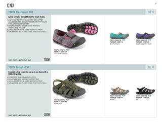 24
Sporty everyday KEEN.CNX shoe for hours of play.
SIZES YOUTH 1-6 TODDLER 8-13
LIGHTWEIGHT SYNTHETIC AND OPEN MESH UPPER
ADJUSTABLE HOOK AND LOOP INSTEP STRAP WITH GORE
PANELS FOR ADDED COMFORT
REVERSE STROBEL CONSTRUCTION PROVIDES
STREAMLINED INTERIOR
CONTOURED ARCH FOR ADDED MIDFOOT SUPPORT
NON-MARKING MULTI-DIRECTIONAL TRACTION OUTSOLE
YOUTH Breezemont CNX NEW
YOUTH 1008716 NEW
TODDLER 1008713
Brindle/Ceramic
YOUTH 1008717 NEW
TODDLER 1008714
Dark Shadow/Ultra Violet
Gargoyle/Wild Orchid
TODDLER 1008715
YOUTH 1008718 NEW
Essential hybrid sandal for sun up to sun down with a
KEEN.CNX proﬁle.
SIZES YOUTH 1-6 TODDLER 8-13
WATERPROOF NUBUCK LEATHER UPPER
ADJUSTABLE HOOK AND LOOP INSTEP STRAP
CONTOURED ARCH FOR ADDED MIDFOOT SUPPORT
NON-MARKING MULTI-DIRECTIONAL TRACTION OUTSOLE
YOUTH Nashoba CNX NEW
YOUTH 1008767 NEW
TODDLER 1008764
Brindle
YOUTH 1008766 NEW
TODDLER 1008763
Black
Forest Night
TODDLER 1008765
YOUTH 1008768 NEW
CNX
24
 