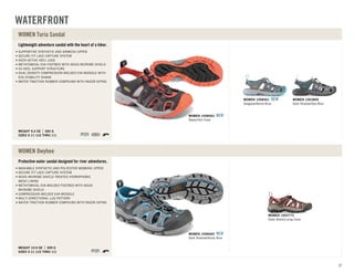 Lightweight adventure sandal with the heart of a hiker.
SIZES 5-11 (1/2 THRU 11)
WEIGHT 9.2 OZ 260 G
SUPPORTIVE SYNTHETIC AND AIRMESH UPPER
SECURE FIT LACE CAPTURE SYSTEM
KEEN ACTIVE HEEL LOCK
METATOMICAL EVA FOOTBED WITH AEGIS MICROBE SHIELD
S3 HEEL SUPPORT STRUCTURE
DUAL DENSITY COMPRESSION MOLDED EVA MIDSOLE WITH
ESS STABILITY SHANK
WATER TRACTION RUBBER COMPOUND WITH RAZOR SIPING
WOMEN Turia Sandal
Gargoyle/Norse Blue
WOMEN 1008461 NEW
Dark Shadow/Sea Blue
WOMEN 1003809
Raven/Hot Coral
WOMEN 1008462 NEW
Protective water sandal designed for river adventures.
SIZES 5-11 (1/2 THRU 11)
WEIGHT 10.9 OZ 309 G
WASHABLE SYNTHETIC AND POLYESTER WEBBING UPPER
SECURE FIT LACE CAPTURE SYSTEM
AEGIS MICROBE SHIELD TREATED HYDROPHOBIC
MESH LINING
METATOMICAL EVA MOLDED FOOTBED WITH AEGIS
MICROBE SHIELD
COMPRESSION MOLDED EVA MIDSOLE
MULTI-DIRECTIONAL LUG PATTERN
WATER TRACTION RUBBER COMPOUND WITH RAZOR SIPING
WOMEN Owyhee
Slate Black/Living Coral
WOMEN 1003773
Dark Shadow/Norse Blue
WOMEN 1008460 NEW
WATERFRONT
27
 