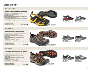 Lightweight adventure sandal with the heart of a hiker.
SIZES 7-15 (1/2 THRU 12)
WEIGHT 10.6 OZ 301 G
SUPPORTIVE SYNTHETIC AND AIRMESH UPPER
SECURE FIT LACE CAPTURE SYSTEM
KEEN ACTIVE HEEL LOCK
METATOMICAL EVA FOOTBED WITH AEGIS MICROBE SHIELD
S3 HEEL SUPPORT STRUCTURE
DUAL DENSITY COMPRESSION MOLDED EVA MIDSOLE WITH
ESS STABILITY SHANK
WATER TRACTION RUBBER COMPOUND WITH RAZOR SIPING
MEN Turia Sandal
Midnight Navy/Pompeian Red
MEN 1008409 NEW
Midnight Navy/Gargoyle
MEN 1002183
Black/Cyber Yellow
MEN 1008407 NEW
Ultralight, terrain-hungry full-coverage sandal.
SIZES 7-15 (1/2 THRU 12)
WEIGHT 12.5 OZ 354 G
WASHABLE SYNTHETIC AND POLYESTER WEBBING UPPER
SECURE FIT LACE CAPTURE SYSTEM
AEGIS MICROBE SHIELD TREATED HYDROPHOBIC
MESH LINING
METATOMICAL EVA MOLDED FOOTBED WITH AEGIS
MICROBE SHIELD
COMPRESSION MOLDED EVA MIDSOLE
MULTI-DIRECTIONAL LUG PATTERN
WATER TRACTION RUBBER COMPOUND WITH RAZOR SIPING
MEN McKenzie
Dark Shadow/Ochre
MEN 1002158
Black/Gargoyle
MEN 1002156
Brindle/Mandarin Red
MEN 1008406 NEW
Protective water sandal designed for river adventures.
SIZES 7-15 (1/2 THRU 12)
WEIGHT 13.7 OZ 388 G
WASHABLE SYNTHETIC AND POLYESTER WEBBING UPPER
SECURE FIT LACE CAPTURE SYSTEM
AEGIS MICROBE SHIELD TREATED HYDROPHOBIC
MESH LINING
METATOMICAL EVA MOLDED FOOTBED WITH AEGIS
MICROBE SHIELD
COMPRESSION MOLDED EVA MIDSOLE
MULTI-DIRECTIONAL LUG PATTERN
WATER TRACTION RUBBER COMPOUND WITH RAZOR SIPING
MEN Owyhee
Black/Yellow
MEN 1002161
Dark Shadow/Yellow
MEN 1002162
Slate Black/Rust
MEN 1002165
WATERFRONT
33
 