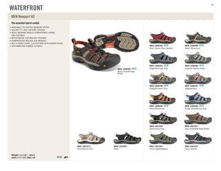The essential hybrid sandal.
SIZES 7-17 (1/2 THRU 12)
WEIGHT 14.3 OZ 405 G
WASHABLE POLYESTER WEBBING UPPER
SECURE FIT LACE CAPTURE SYSTEM
AEGIS MICROBE SHIELD HYDROPHOBIC LINING
AND FOOTBED
METATOMICAL EVA MOLDED FOOTBED
COMPRESSION MOLDED EVA MIDSOLE
MULTI-DIRECTIONAL LUG PATTERN WITH RAZOR SIPING
NON-MARKING RUBBER OUTSOLE
MEN Newport H2
Burnt Henna /Dark Shadow
MEN 1008392 NEW
Raven /Aluminum
MEN 1008399 NEW
Gargoyle/Ensign Blue
MEN 1008395 NEW
Gargoyle /Garden Green
MEN 1008396 NEW
Gargoyle/Tawny Olive
MEN 1008398 NEW
Gargoyle/Rust
MEN 1008397 NEW
Raven/Persimmon
MEN 1008400 NEW
Ensign Blue/Neutral Gray
MEN 1008394 NEW
Black/Stone Gray
MEN 1001906
Dark Shadow/Bombay Brown
MEN 1001921
Forest Night/Gargoyle
MEN 1001925
India Ink/Rust
MEN 1001931
Brindle/Orion Blue
MEN 1001913
Black
MEN 1001907
Black Olive/Bombay
Brown
MEN 1008393 NEW
WATERFRONT
34
 
