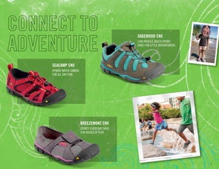 3
SEACAMP CNX
Hybrid water sandal
for all day fun.
SAGEWOOD CNX
LOW PROFILE MULTI-SPORT
SHOE FOR LITTLE ADVENTURERS.
BREEZEMONT CNX
SPORTY EVERYDAY SHOE
FOR HOURS OF PLAY.
 