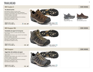 The ultimate day hiker.
SIZES 7-17 (1/2 THRU 12)
WEIGHT 16 OZ 454 G
WATERPROOF NUBUCK LEATHER UPPER
KEEN.DRY WATERPROOF BREATHABLE MEMBRANE
REMOVABLE METATOMICAL DUAL DENSITY EVA FOOTBED
TORSION STABILITY ESS SHANK
S3 HEEL SUPPORT STRUCTURE
DUAL DENSITY COMPRESSION MOLDED EVA MIDSOLE
4MM MULTI-DIRECTIONAL LUGS
NON-MARKING RUBBER OUTSOLE
MEN Targhee II CORE HIKING
Gargoyle/Midnight Navy
MEN 1002363
Slate Black/Bombay Brown
MEN 1007715
Cascade Brown/Golden
Yellow
MEN 1008417 NEW
Breathability and support for the long haul.
SIZES 7-17 (1/2 THRU 12)
WEIGHT 18 OZ 510 G
WATERPROOF NUBUCK LEATHER AND BREATHABLE
MESH UPPER
REMOVABLE METATOMICAL DUAL DENSITY EVA FOOTBED
TORSION STABILITY ESS SHANK
S3 HEEL SUPPORT STRUCTURE
DUAL DENSITY COMPRESSION MOLDED EVA MIDSOLE
4MM MULTI-DIRECTIONAL LUGS
NON-MARKING RUBBER OUTSOLE
MEN Voyageur Mid CORE HIKING
Raven/Tawny Olive
MEN 1008904 NEW
Rugged hiker with ventilation and support.
SIZES 7-17 (1/2 THRU 12)
WEIGHT 16 OZ 454 G
WATERPROOF NUBUCK LEATHER AND BREATHABLE
MESH UPPER
REMOVABLE METATOMICAL DUAL DENSITY EVA FOOTBED
TORSION STABILITY ESS SHANK
S3 HEEL SUPPORT STRUCTURE
DUAL DENSITY COMPRESSION MOLDED EVA MIDSOLE
4MM MULTI-DIRECTIONAL LUGS
NON-MARKING RUBBER OUTSOLE
MEN Voyageur CORE HIKING
Gargoyle/Tawny Olive
MEN 1008421 NEW
TRAILHEAD
52
 
