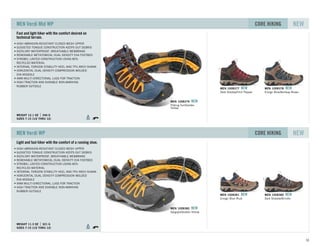 Fast and light hiker with the comfort desired on
technical terrain.
SIZES 7-15 (1/2 THRU 12)
WEIGHT 12.1 OZ 346 G
HIGH ABRASION-RESISTANT CLOSED MESH UPPER
GUSSETED TONGUE CONSTRUCTION KEEPS OUT DEBRIS
KEEN.DRY WATERPROOF, BREATHABLE MEMBRANE
REMOVABLE METATOMICAL DUAL DENSITY EVA FOOTBED
STROBEL LASTED CONSTRUCTION USING 80%
RECYCLED MATERIAL
INTERNAL TORSION STABILITY HEEL AND TPU ARCH SHANK
HORIZONTAL DUAL DENSITY COMPRESSION MOLDED
EVA MIDSOLE
4MM MULTI-DIRECTIONAL LUGS FOR TRACTION
HIGH TRACTION AND DURABLE NON-MARKING
RUBBER OUTSOLE
MEN Verdi Mid WP NEWCORE HIKING
Dark Shadow/Chili Pepper
MEN 1008377 NEW
Ensign Blue/Bombay Brown
MEN 1008378 NEW
Potting Soil/Golden
Yellow
MEN 1008379 NEW
Light and fast hiker with the comfort of a running shoe.
SIZES 7-15 (1/2 THRU 12)
WEIGHT 11.3 OZ 321 G
HIGH ABRASION-RESISTANT CLOSED MESH UPPER
GUSSETED TONGUE CONSTRUCTION KEEPS OUT DEBRIS
KEEN.DRY WATERPROOF, BREATHABLE MEMBRANE
REMOVABLE METATOMICAL DUAL DENSITY EVA FOOTBED
STROBEL LASTED CONSTRUCTION USING 80%
RECYCLED MATERIAL
INTERNAL TORSION STABILITY HEEL AND TPU ARCH SHANK
HORIZONTAL DUAL DENSITY COMPRESSION MOLDED
EVA MIDSOLE
4MM MULTI-DIRECTIONAL LUGS FOR TRACTION
HIGH TRACTION AND DURABLE NON-MARKING
RUBBER OUTSOLE
MEN Verdi WP NEWCORE HIKING
Ensign Blue /Rust
MEN 1008381 NEW
Dark Shadow/Brindle
MEN 1008380 NEW
Gargoyle/Golden Yellow
MEN 1008382 NEW
53
 